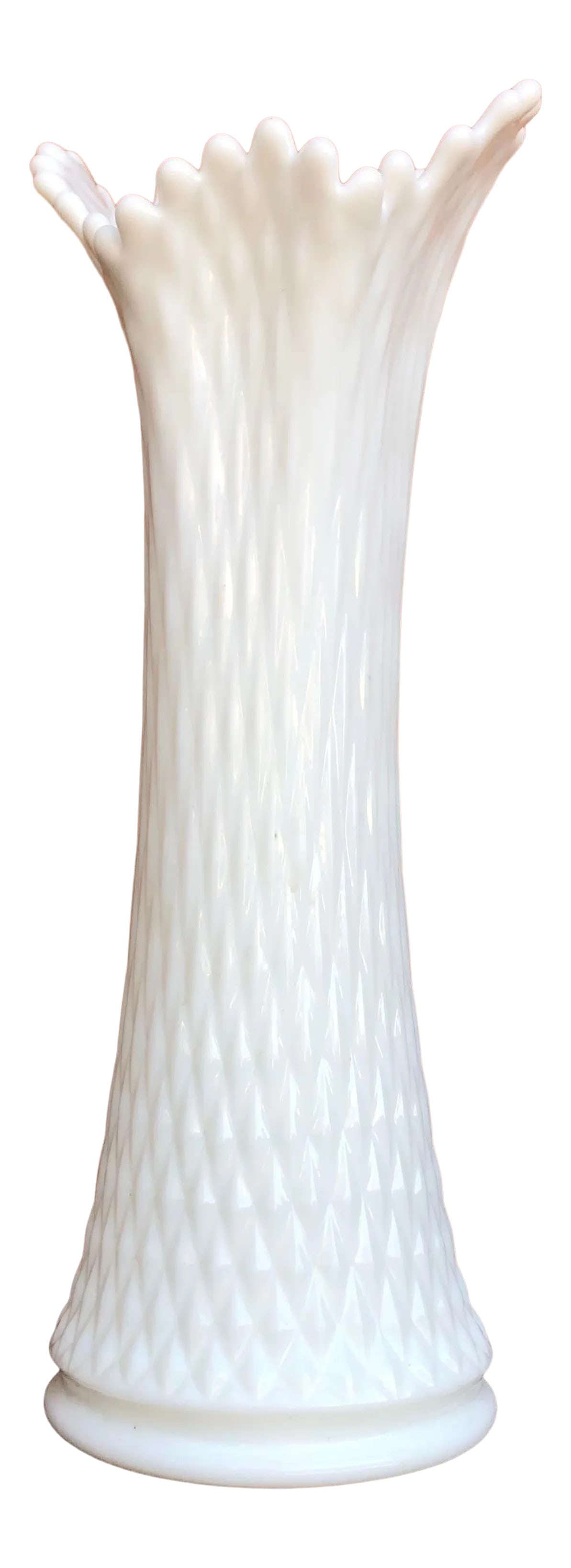 Vintage Mid-Century Modern Milk Glass Swung Glass Stretch Vase.: Vintage Mid-Century Modern Milk Glass Swung Stretch ruffled top Glass Vase in the Fenton Glass Manner. In excellent original condition with no chips, cracks, scratches or repairs. Dimensions: