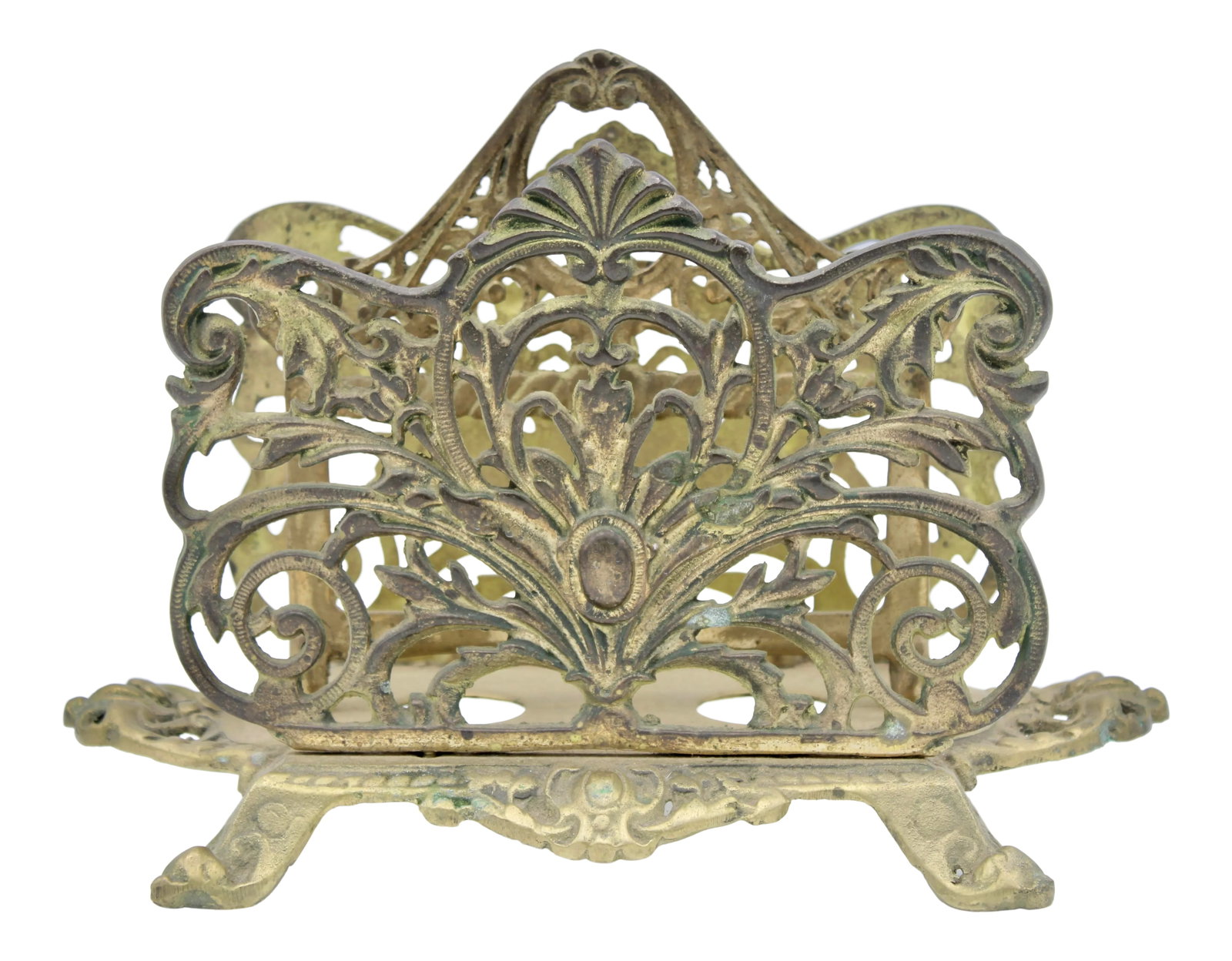 Antique Art Nouveau French Brass Letter Rack / Stationary Holder: A superb Art Nouveau French brass letter rack, circa 1920. This is a lovely piece. It functions perfectly as a stationary, letter or notecard holder and looks charming on a desk. Condition: Alteration