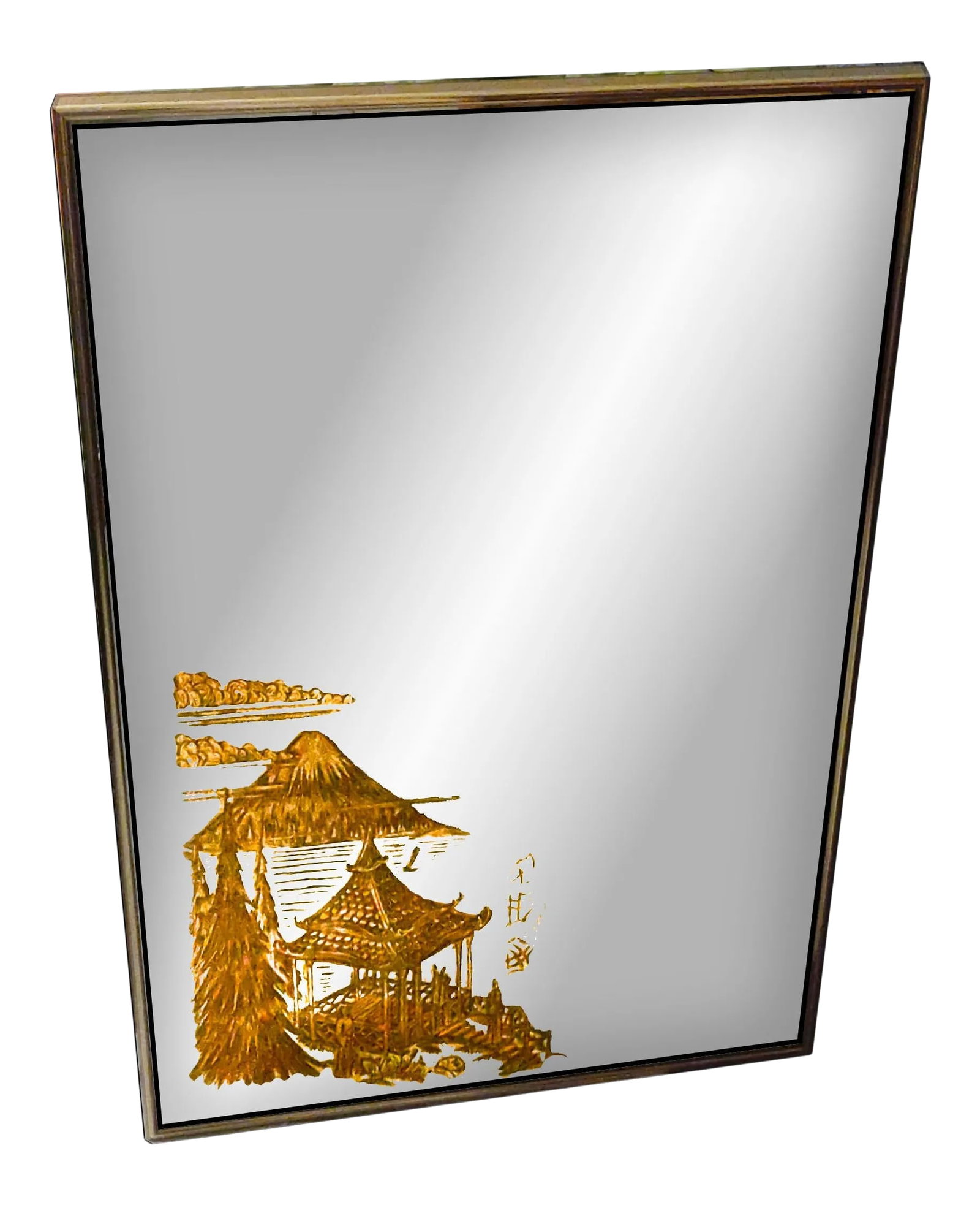 Hollywood Regency Wall Mirror Accented With Gold Carved Eglomise Japanese Pagoda Scene: Vintage Hollywood Regency Japanese etched gold controlled eglomise behind glass painted mirror depicting a village scene from an aerial point of view highlighting several pagoda structures among a