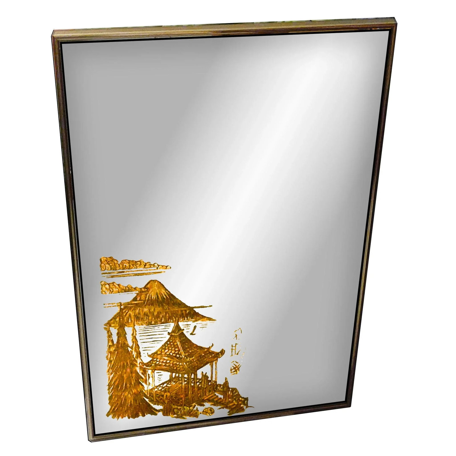 Hollywood Regency Wall Mirror Accented With Gold Carved Eglomise Japanese Pagoda Scene - 3