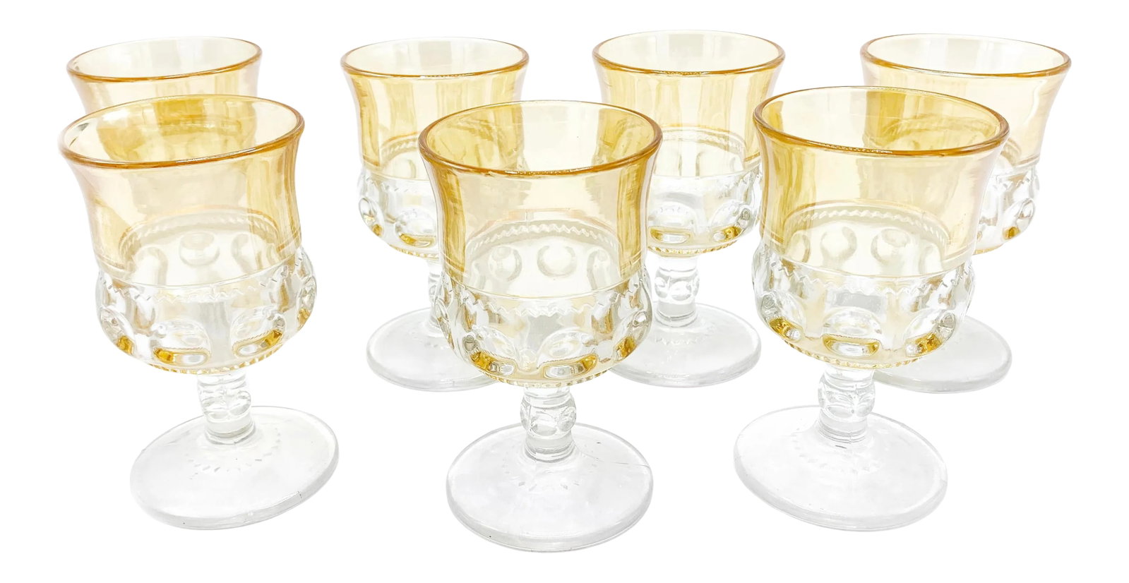 Mid-Century Modern Tiffin Peach Thumbprint Kings Crown Goblets - 7 Pieces: These beautiful Kings Crown goblets are sure to add beauty to your tablescape! The glassware features regal stems and thumbprint motifs on the crystal clear bottom portion and stunning iridescent