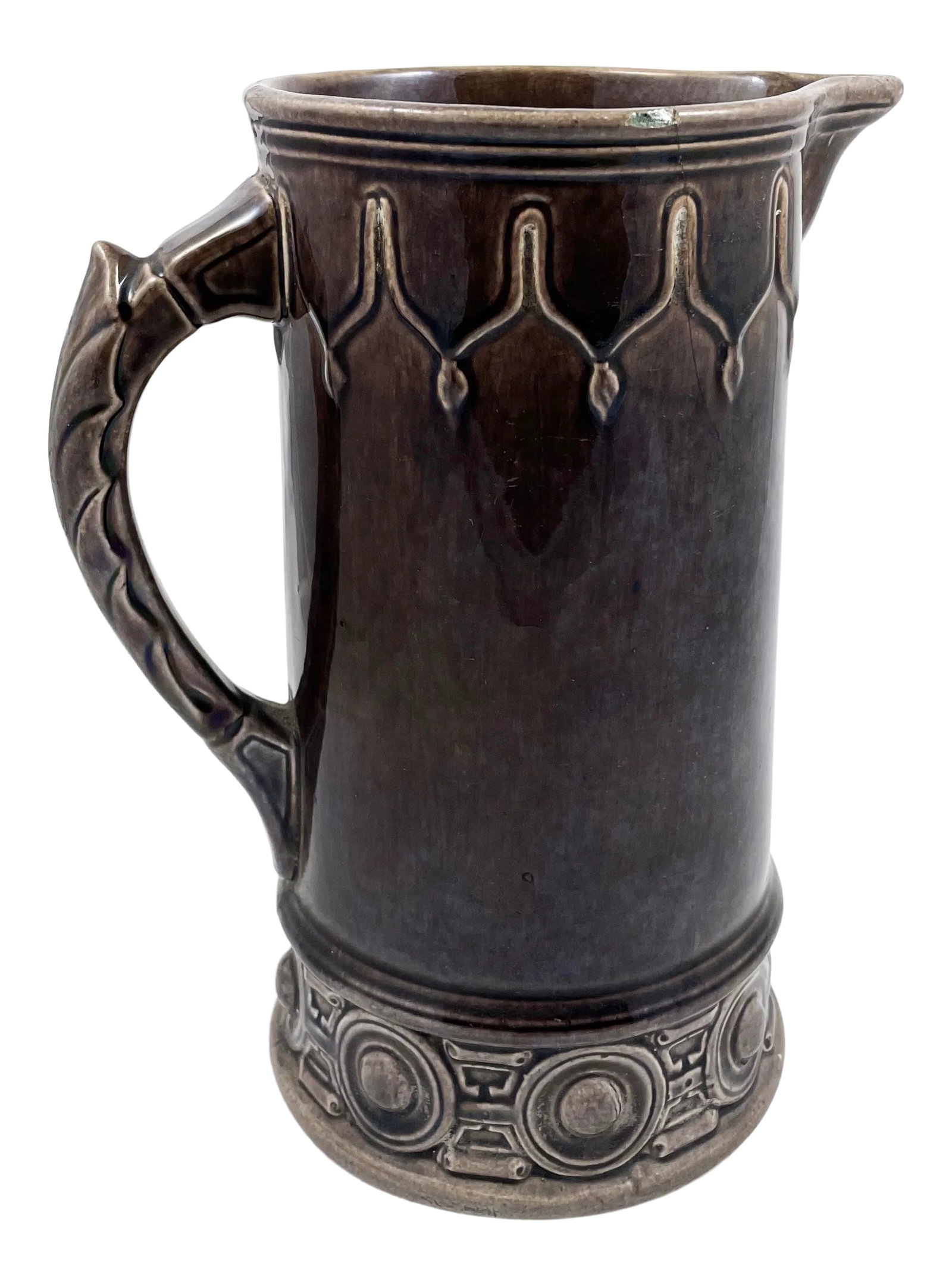 Circa 1880s Griffin, Smith & Hill Etruscan Majolica Cider Pitcher: A period American 1880s Etruscan Griffin, Smith & Hill 8" Cider Pitcher in vey good overall condition and bright glaze & color. The form is modeled after the famous Etruscan Baseball/Soccer Pitcher.