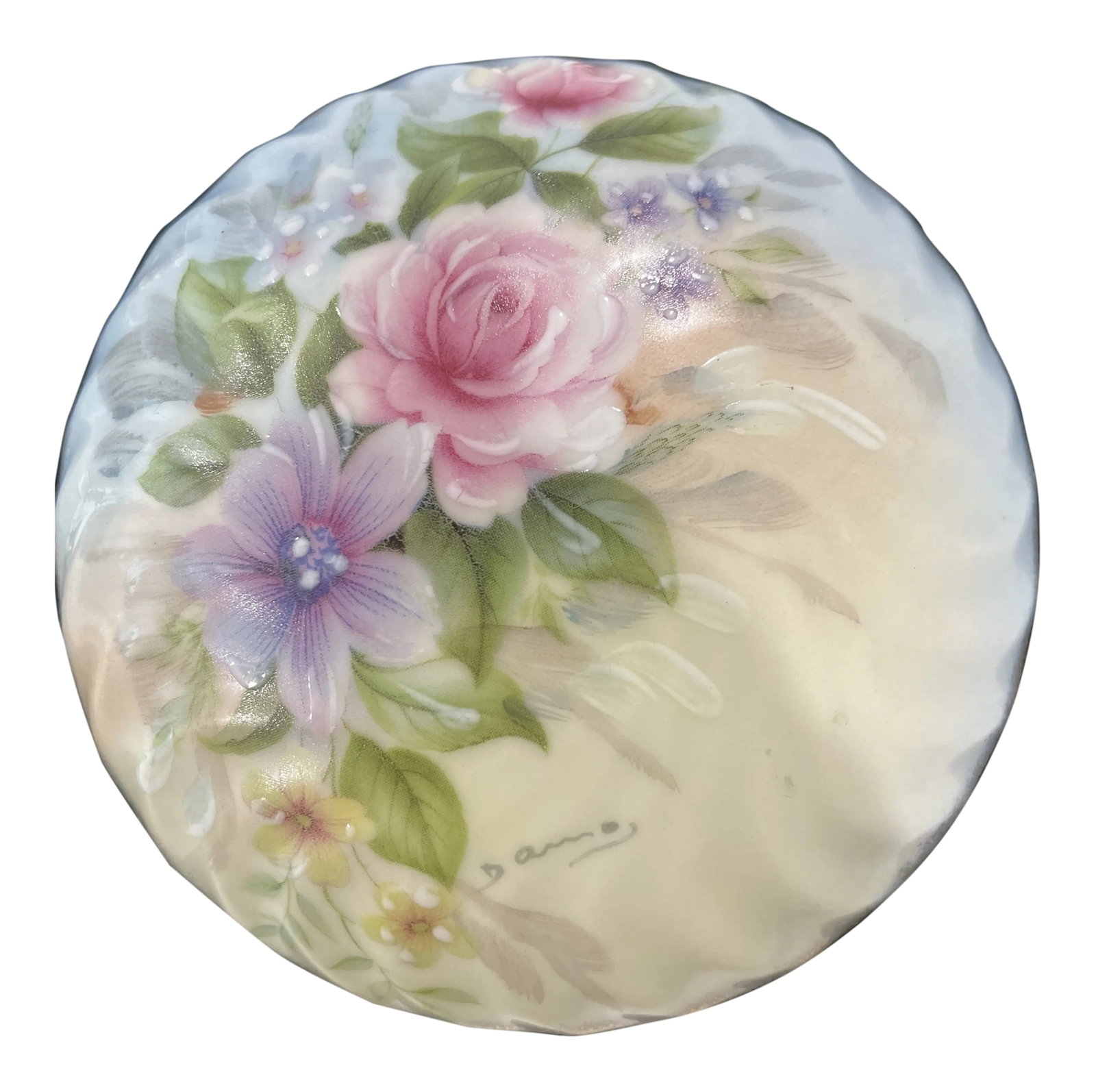 1950s Floral Jewelry Keeper or Small Candy Dish: Beautiful decor catch-all. Signature on top.. Condition: Alterations: Original Condition Unaltered Imperfections: Some Imperfections Condition Notes: None Materials & Techniques: China Details:
