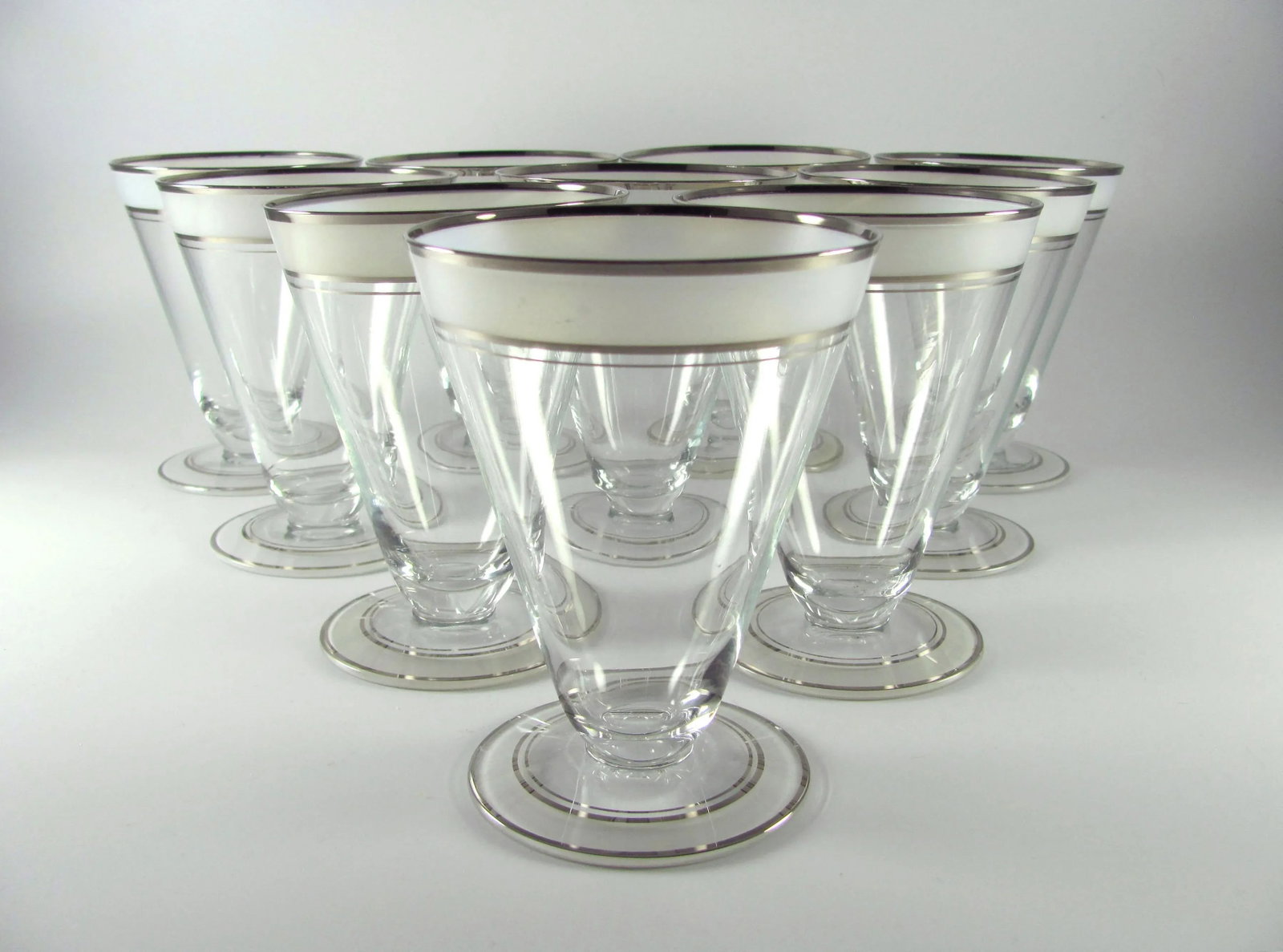 1930s Art Deco Platinum and Frosted Band Footed Conical Glass Tumblers - Set of 10 - 13