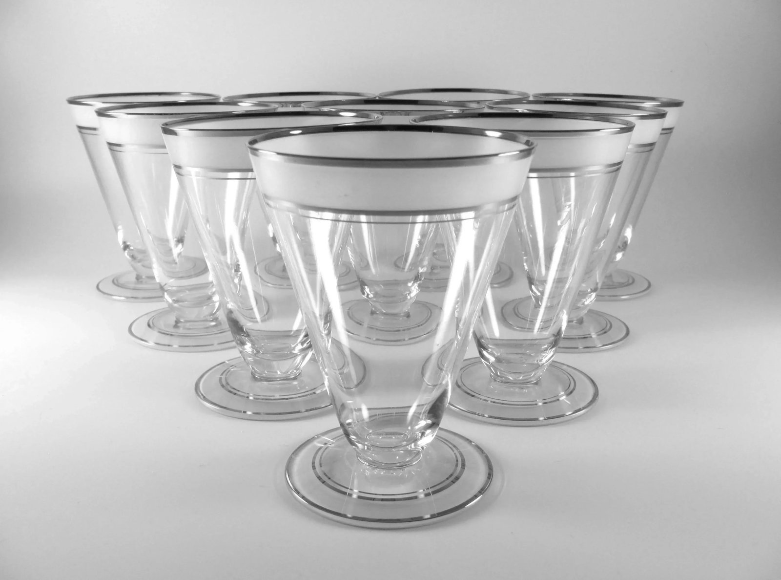 1930s Art Deco Platinum and Frosted Band Footed Conical Glass Tumblers - Set of 10 - 2