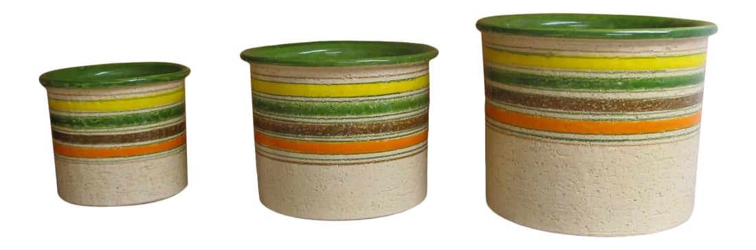 Bitossi for Rosenthal Netter - Set of 3 Circa 1960s Stripped Multi Color Ceramic Nesting Vases / Pot: Fantastic condition after 60 years of use. Three ceramic, nesting Vases or planters by Bitossi for Rosenthal Netter / Raymor. Excellent condition for all three. Label on the bottom of the largest.