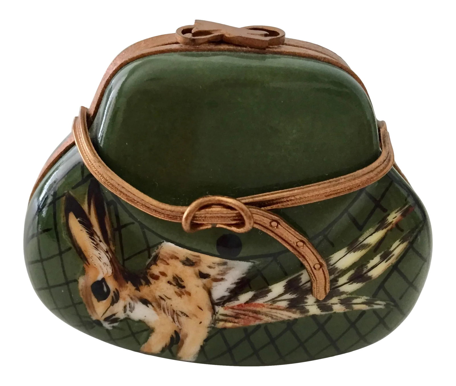Limoges Hunter's Satchel Trinket Box: The craftsmanship on this vintage (1980's) Limoges Hunter's Satchel trinket box is impressive. It is hand painted and signed. All the tiny details are something to be appreciated. The etched