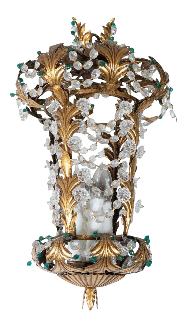 Vintage 1960s Gilt Metal and Crystal Lantern Style Pendant: Gilt metal, lantern style pendant with foliate motif and crystal leaf and flower details in the manner of Bagues. Condition: Alterations: Restored Imperfections: Some Imperfections Condition Notes: