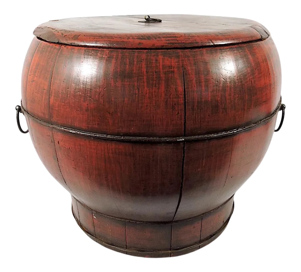Large Antique Chinese Round Elm Wood Banded Rustic Storage Box / Container With Antiquities Seal: Eye catching round antique Chinese container or storage box. The finish is most attractive - rich red brown best describes the colour. Made from solid wood, the sides are slatted and held by two