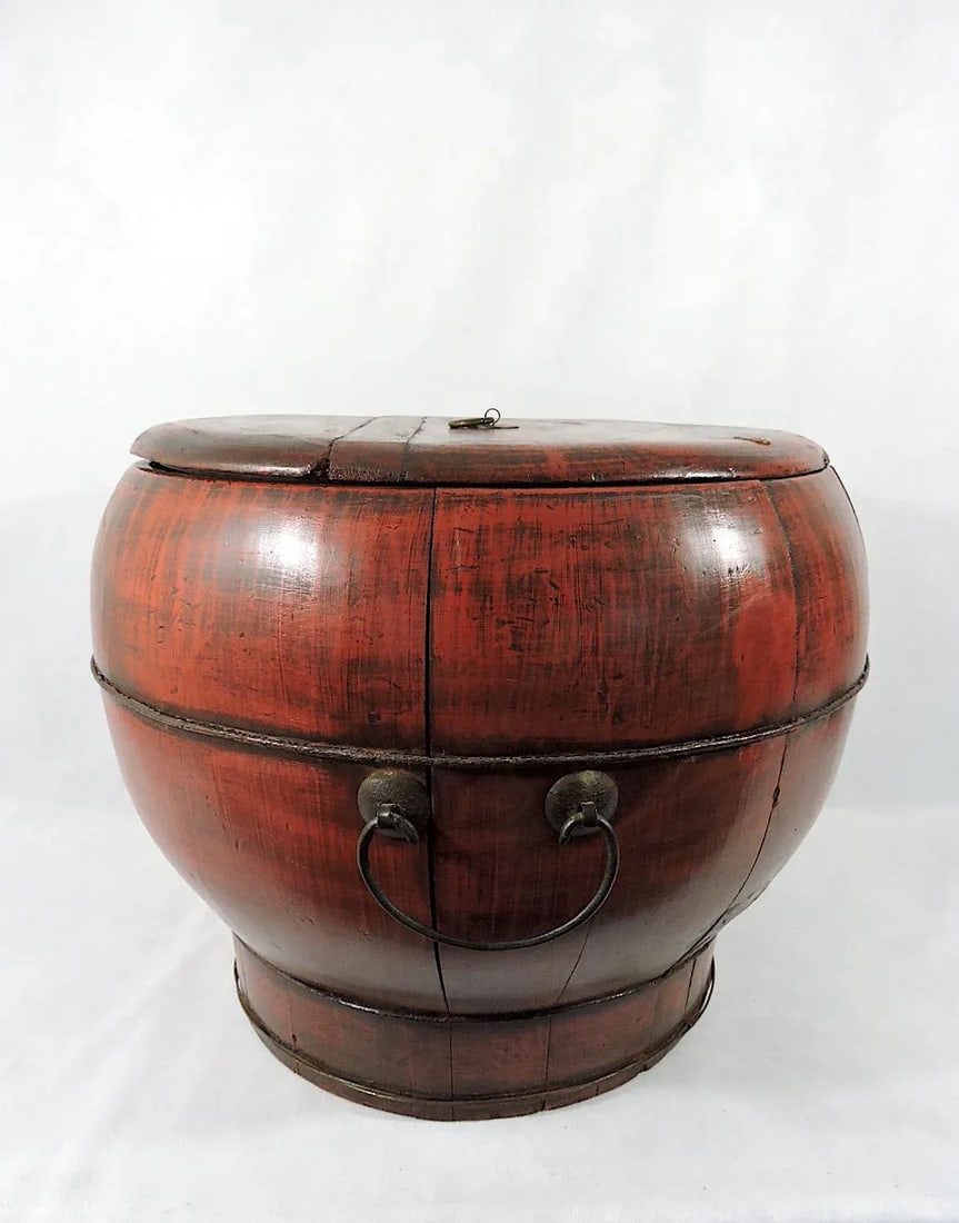 Large Antique Chinese Round Elm Wood Banded Rustic Storage Box / Container With Antiquities Seal - 2