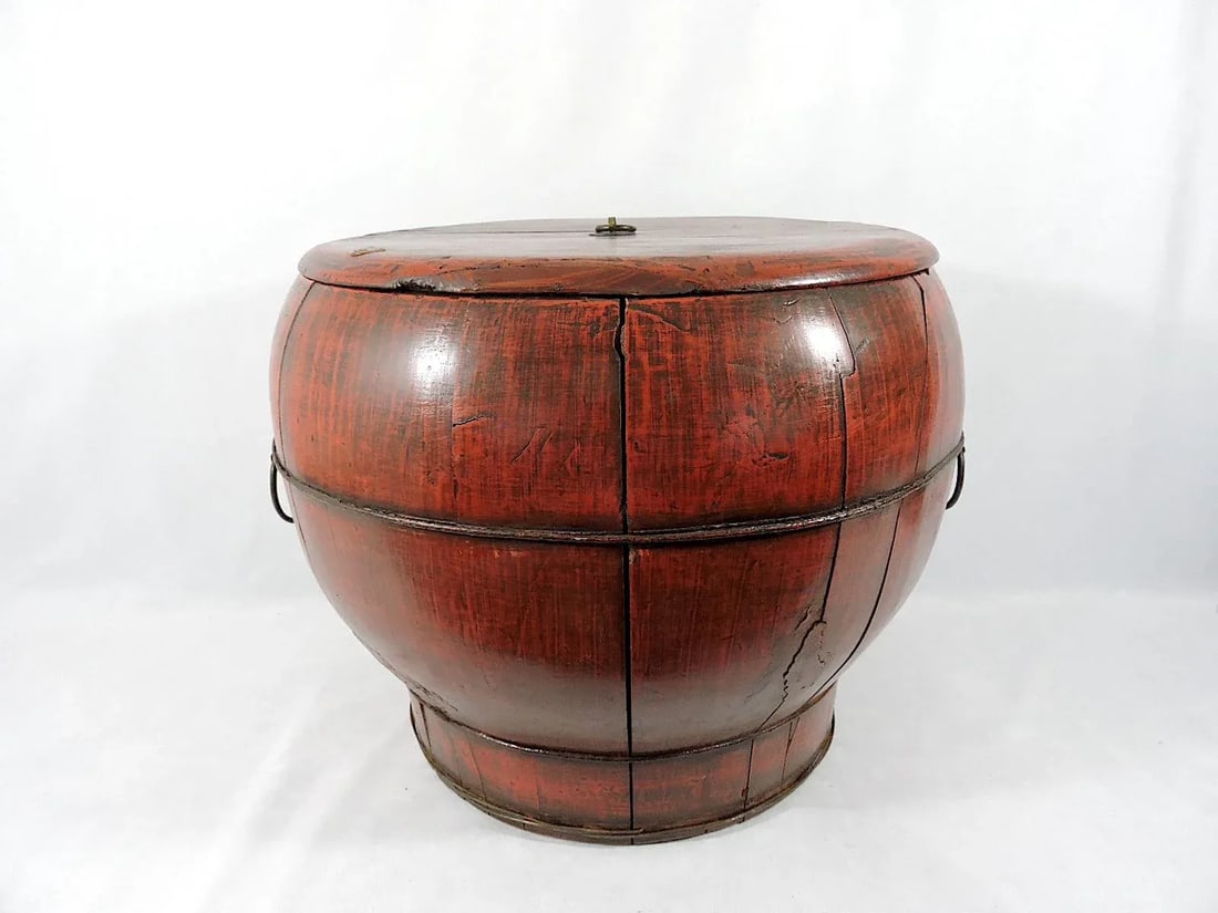 Large Antique Chinese Round Elm Wood Banded Rustic Storage Box / Container With Antiquities Seal - 3
