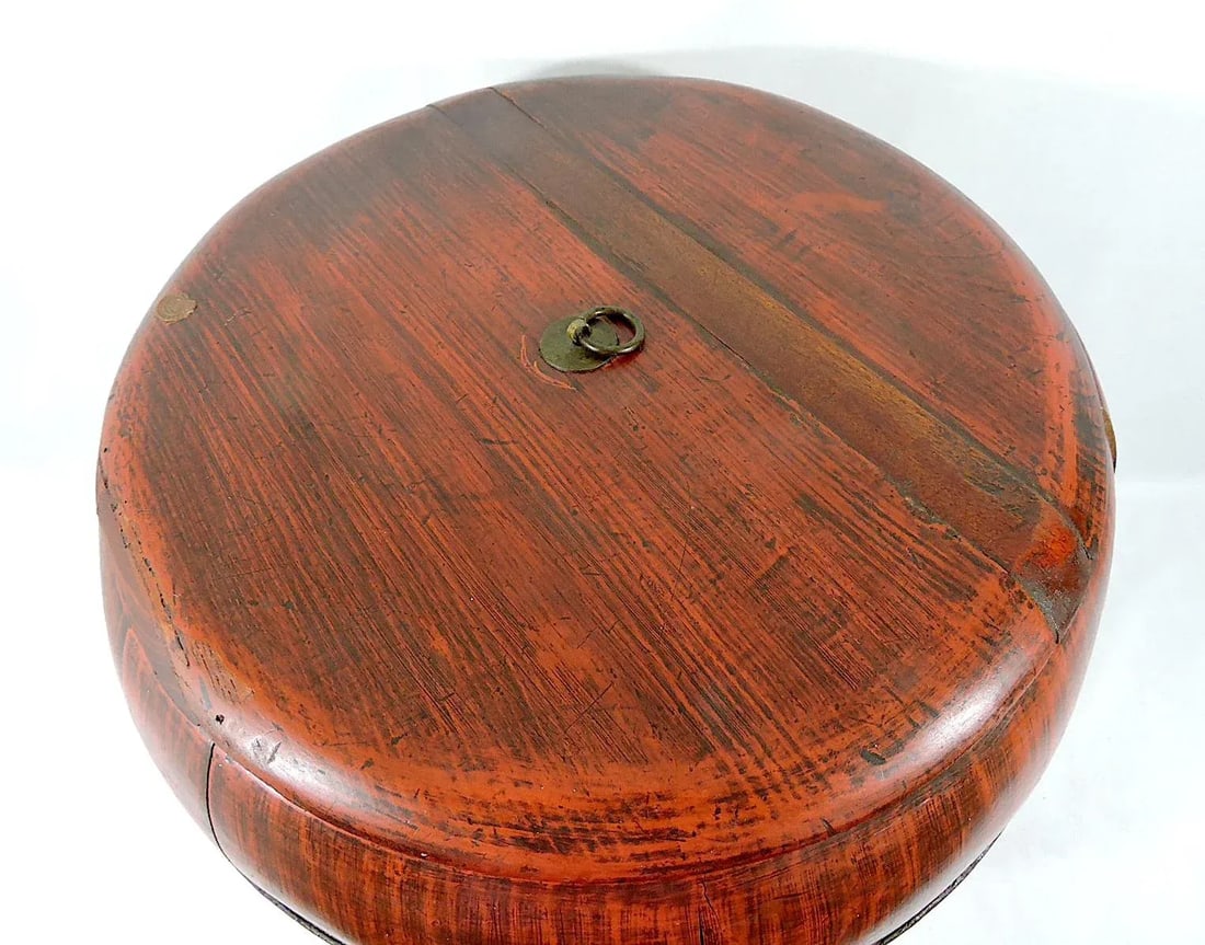 Large Antique Chinese Round Elm Wood Banded Rustic Storage Box / Container With Antiquities Seal - 5
