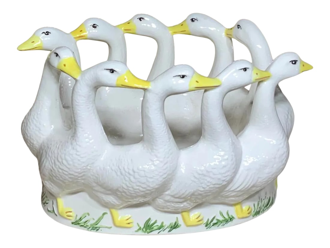 Vintage Porcelain Ducks Candy Dish: Beautiful candy dish made of porcelain of ducks back to back each other in a circle, vive details on a Snow White color yellow and green some fading in the Center due to age . Sign in the bottom CT. C