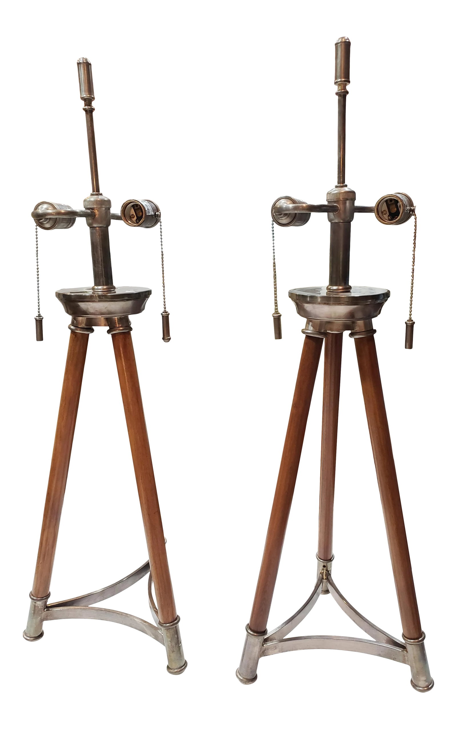 1970s Solid Maple and Nickel Tripod Table Lamps - a Pair: For your consideration is this magnificent pair of 1970s Vintage Solid Maple and Nickel Tripod Table Lamps. Solid maple tripod on triangular Brushed nickel base. Measures 32" Tall x 10.5" W x 10.5"D.