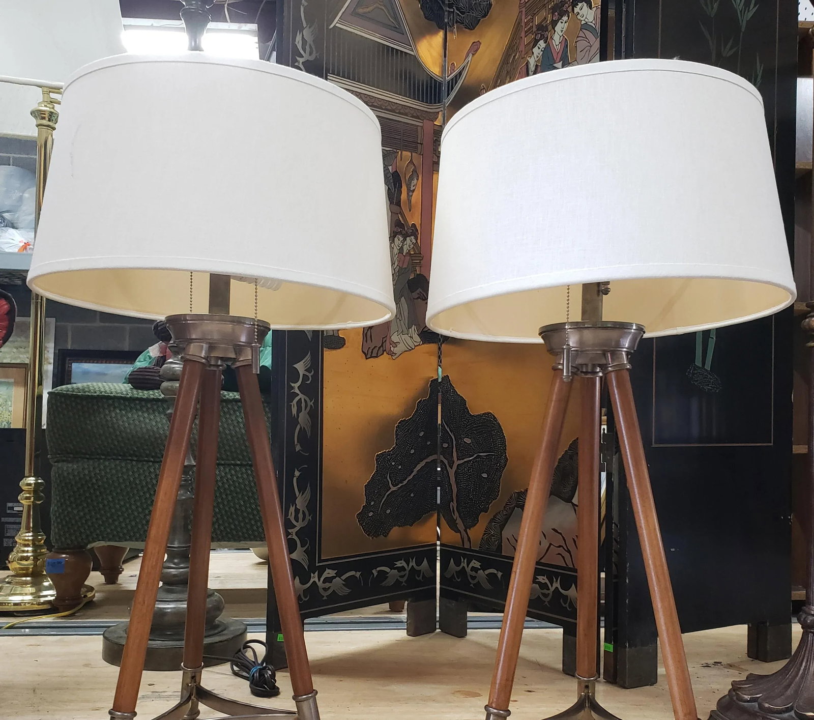 1970s Solid Maple and Nickel Tripod Table Lamps - a Pair - 2