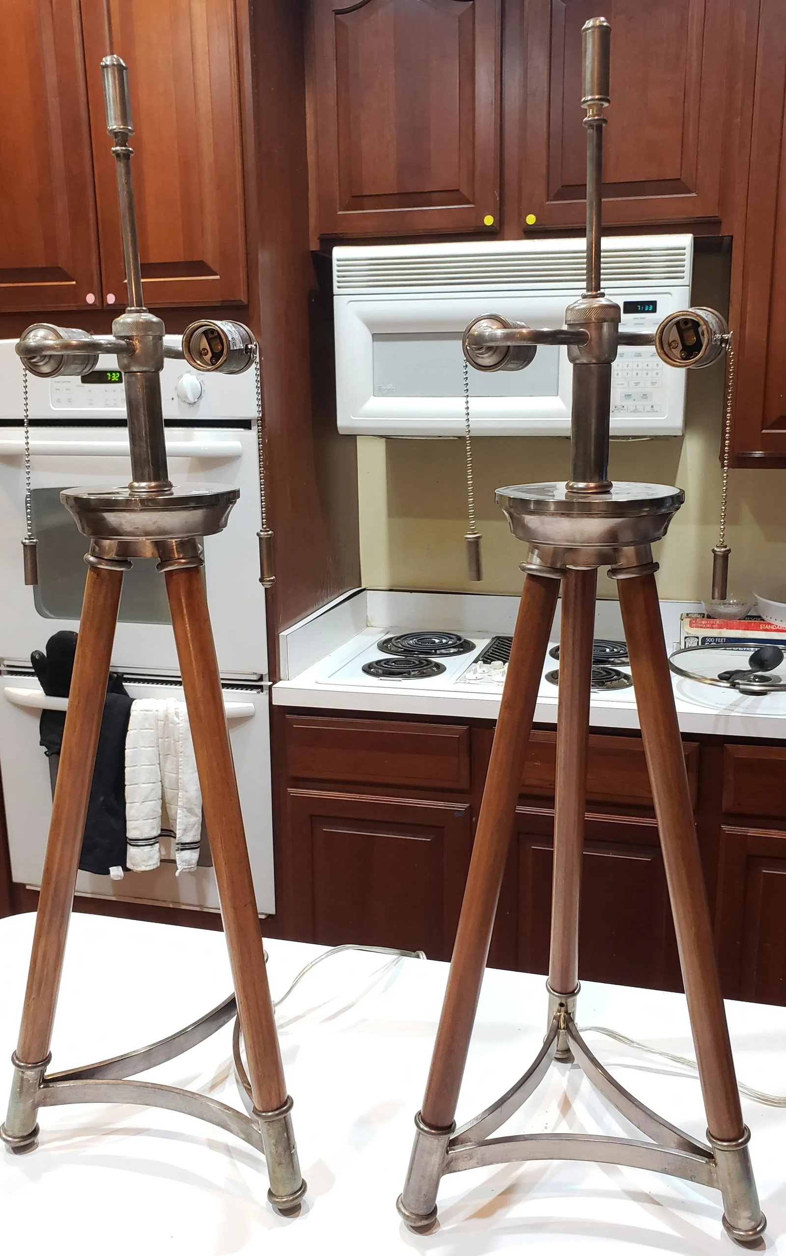 1970s Solid Maple and Nickel Tripod Table Lamps - a Pair - 8