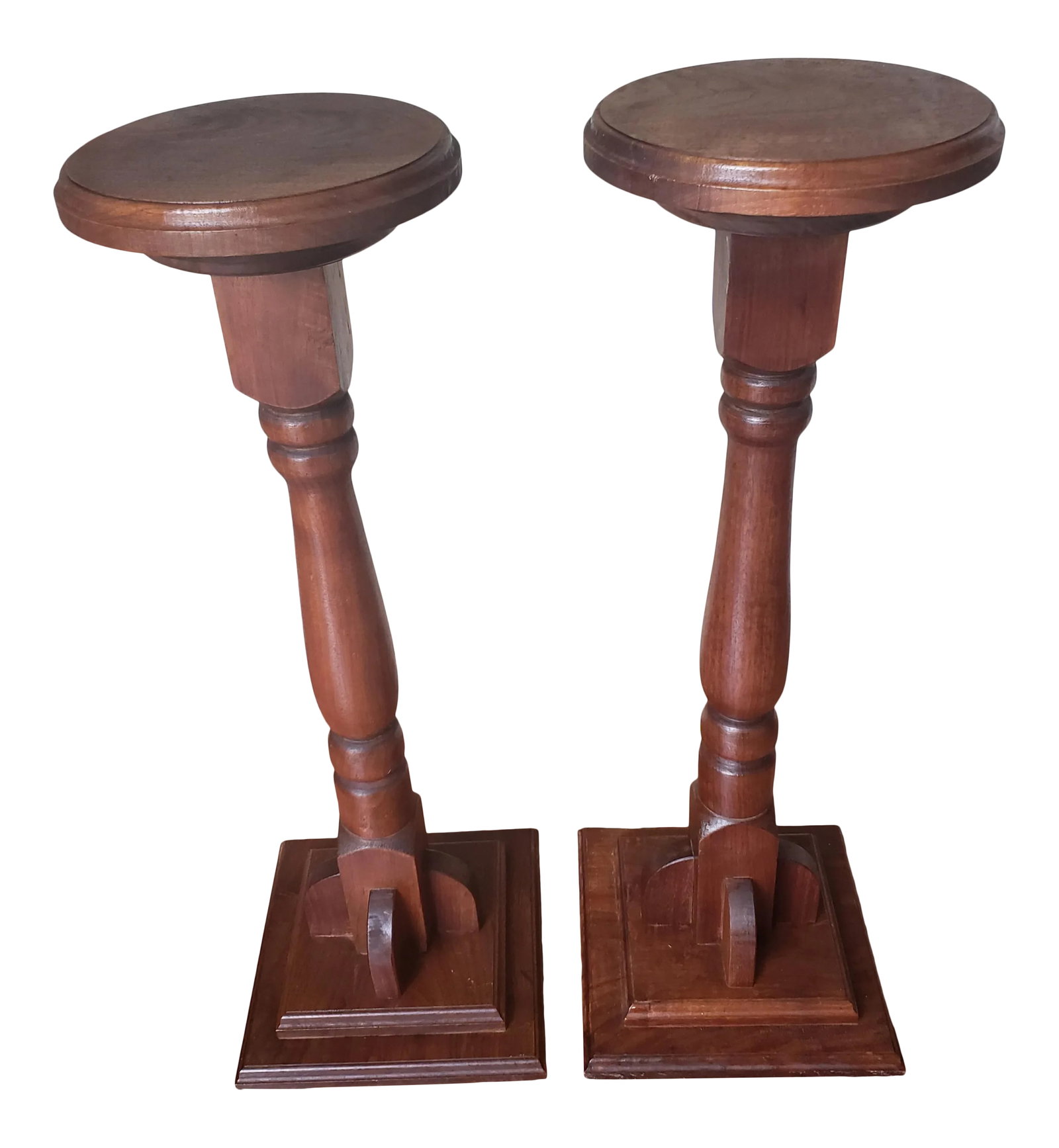 Vintage Torcheres Victorian Style Solid Mahogany Plant Stands - a Pair: For your consideration is a pair of vintage torcheres in the Victorian taste, mahogany pedestal plant stand columns dating to the late 20th century. Attractive color and graining to the solid