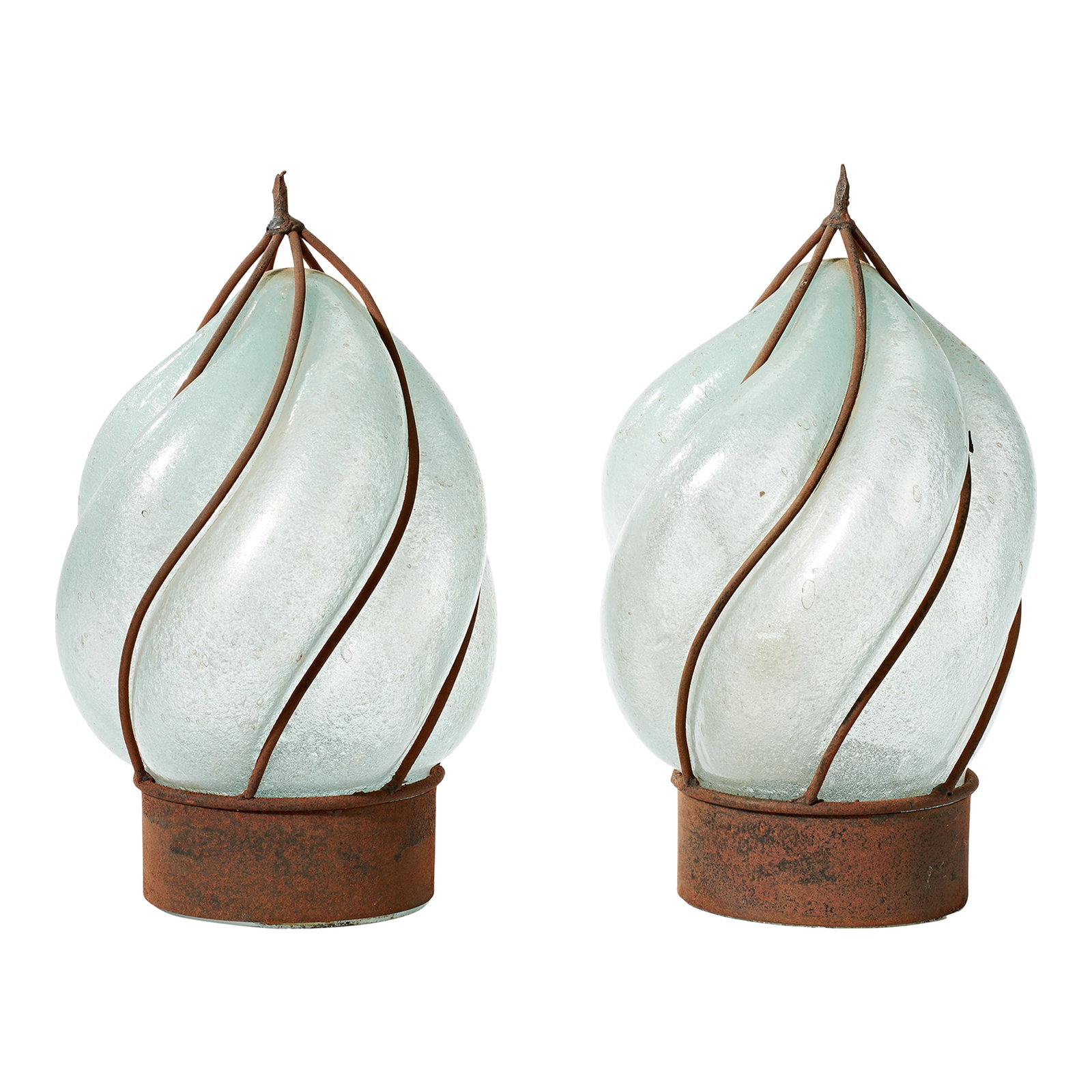 Vintage Wrought Iron and Hand Blown Glass Lamp Shades/Globes - a Pair: Nice example of caged hand blown glass lamp globes or shades. Light fixtures are not included, they are just shown to display how the light looks through the glass. Fitter size 4.25 inches. As these