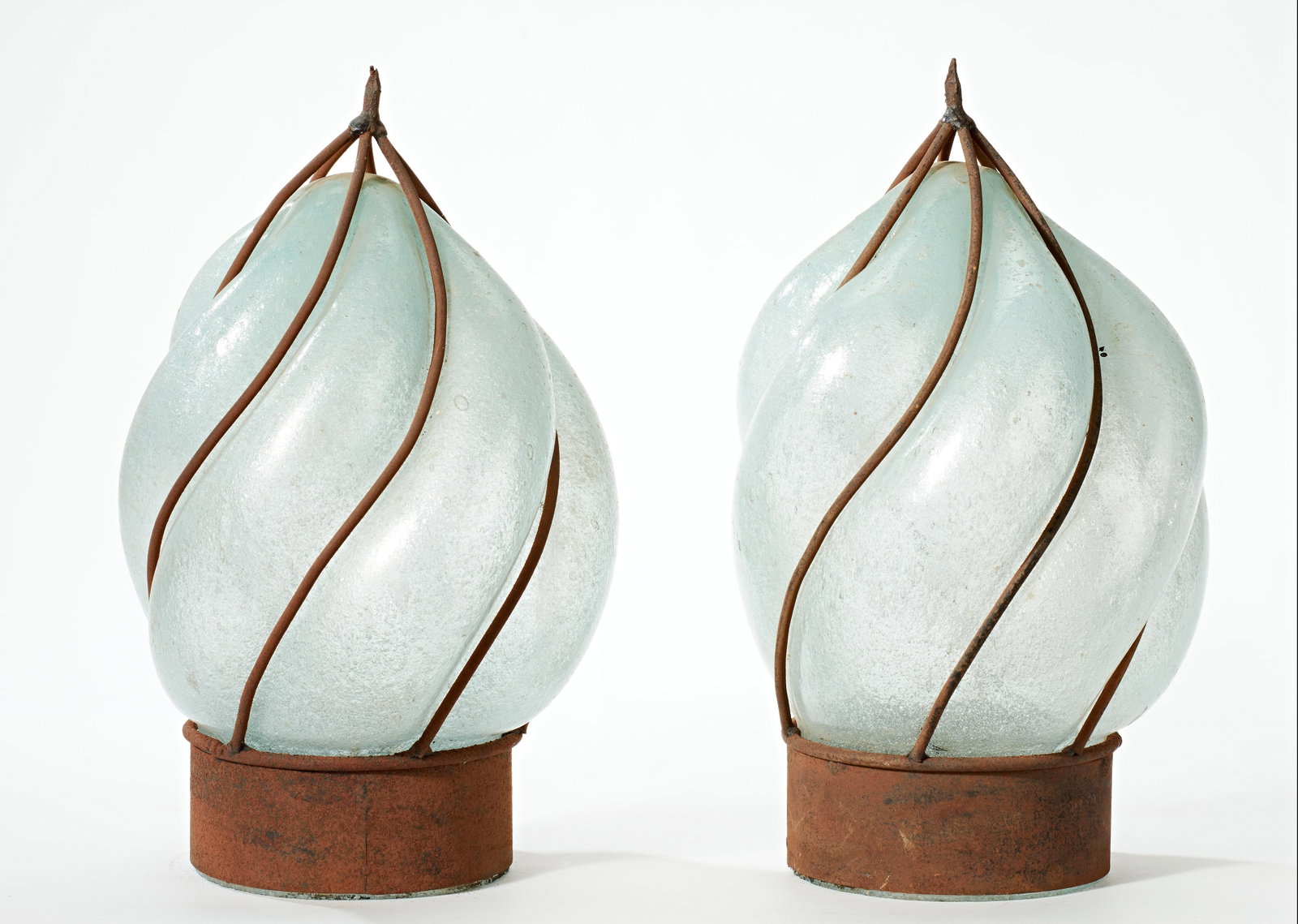 Vintage Wrought Iron and Hand Blown Glass Lamp Shades/Globes - a Pair - 2