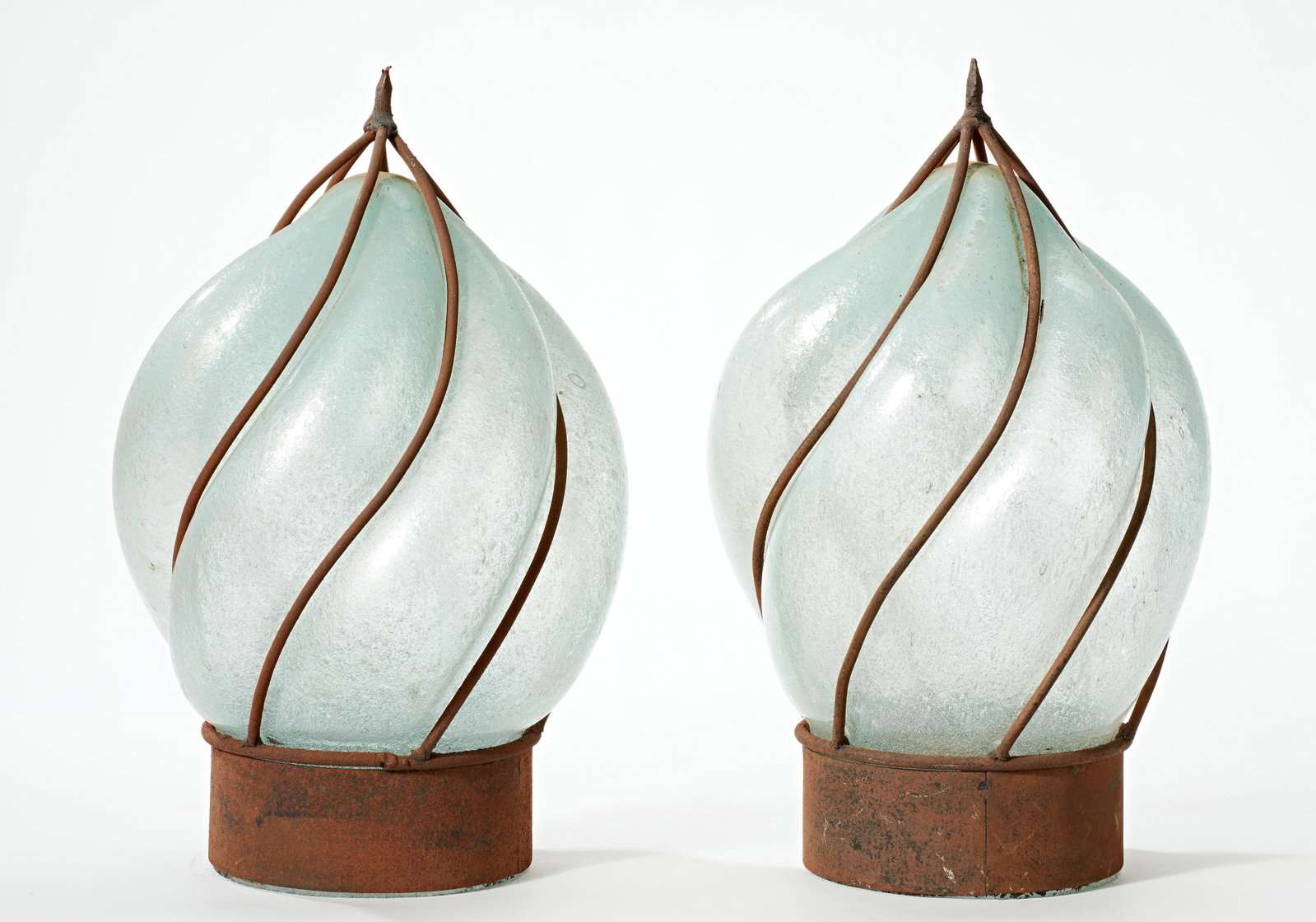 Vintage Wrought Iron and Hand Blown Glass Lamp Shades/Globes - a Pair - 3