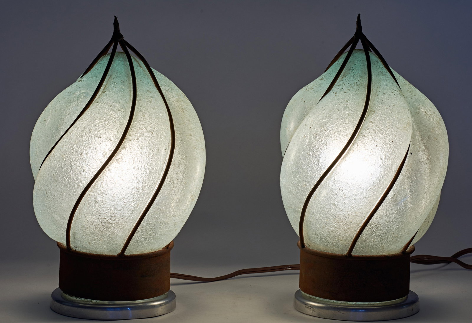 Vintage Wrought Iron and Hand Blown Glass Lamp Shades/Globes - a Pair - 6