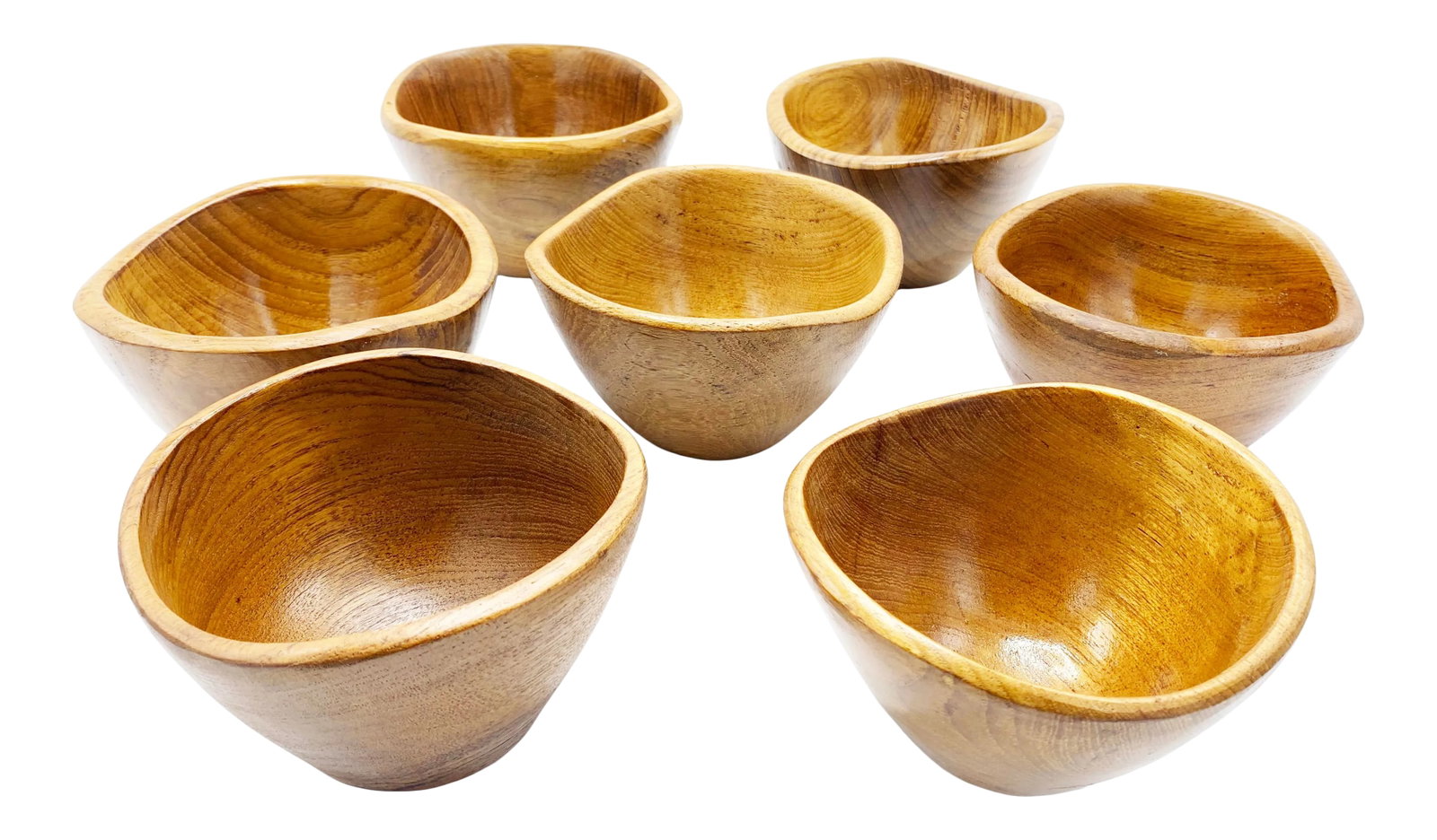 Mid-Century Modern Winsome Wood Genuine Teak Bowls - Set of 7: This vintage MCM set of 7 solid, genuine teak wood bowls were beautifully hand crafted in Thailand. They boast wavy / scalloped top edges, exuding an ultra mid-century modern Danish style and shape. T