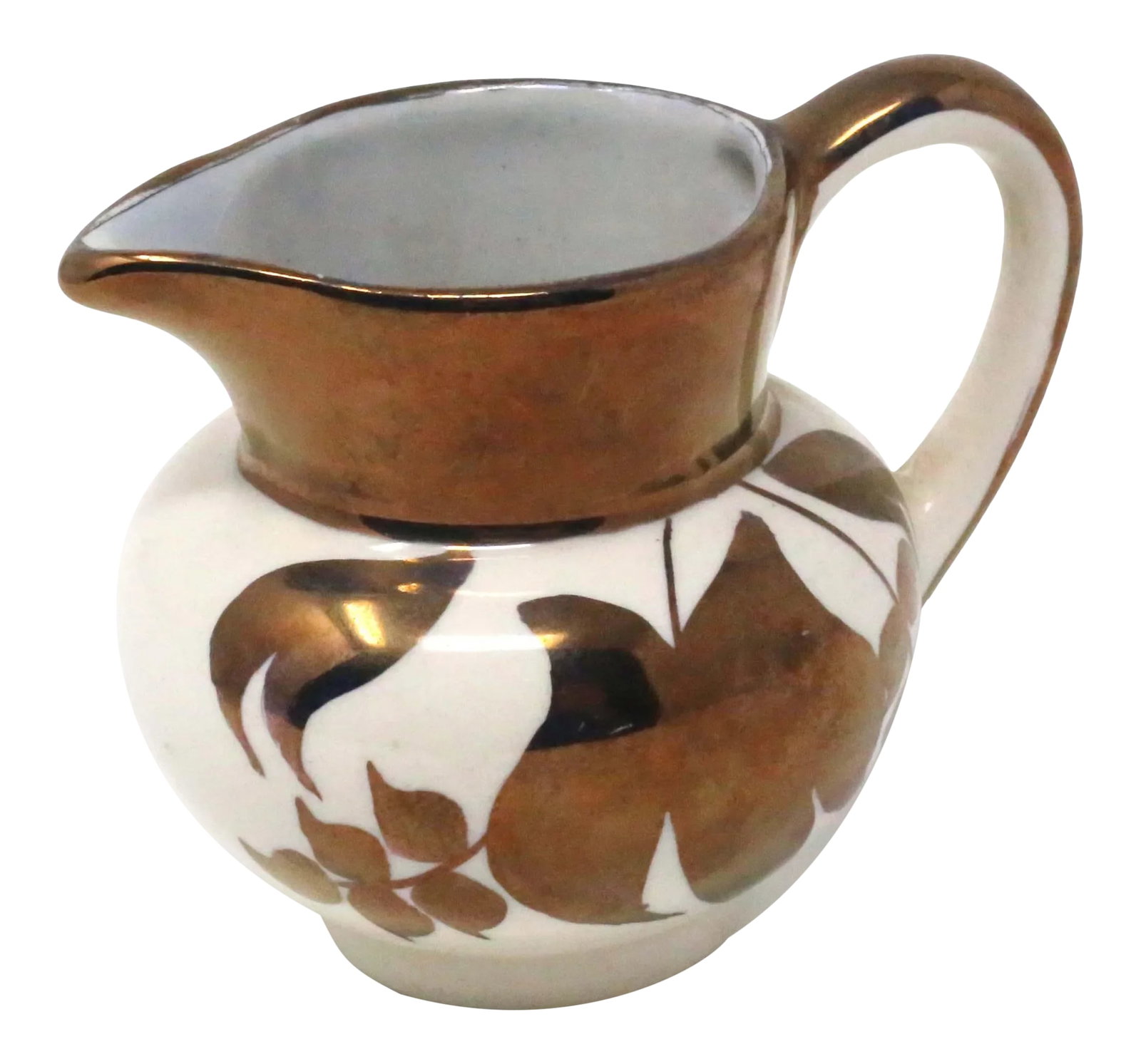 Vintage Hand-Painted Gilt Leaves Porcelain Creamer Pitcher by Lancaster & Sandland: A vintage Lancaster & Sandland beige/white porcelain creamer pitcher, hand-decorated with metallic gold leaves. Good condition. Condition: Alterations: Original Condition Unaltered Imperfections: