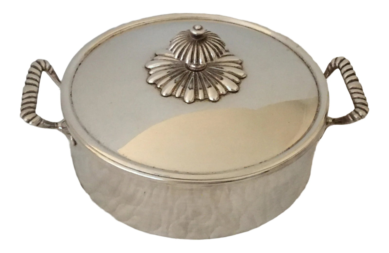 Vintage Italian Silverplate Covered Serving Dish: Italian silver plate covered serving dish. An illegible maker's mark is on underside of handle but "Italy" is clear. Measures 10.5 from handle to handle, 8.25 across the body, and 5.25 to the top of