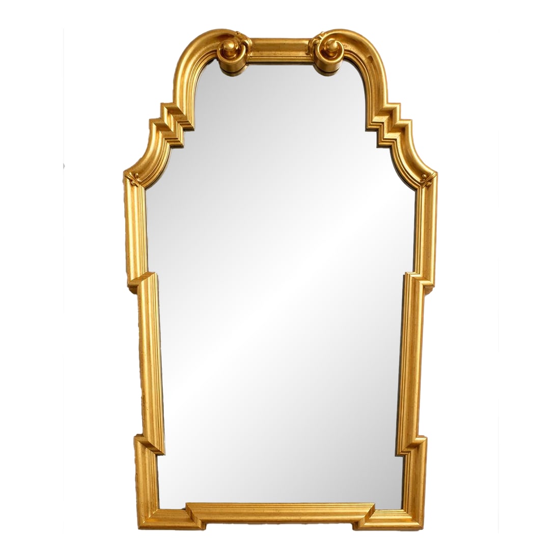 1980s Italian Gold Leaf Arched Mirror in the Manor of LaBarge Stepped Profile Scroll Corners: Elegant Italian-made gilt wall mirror featuring an arched silhouette with scrollwork, stepped corners, and a warm gold leaf finish. The frame has beautiful texture and dimension, giving the piece a