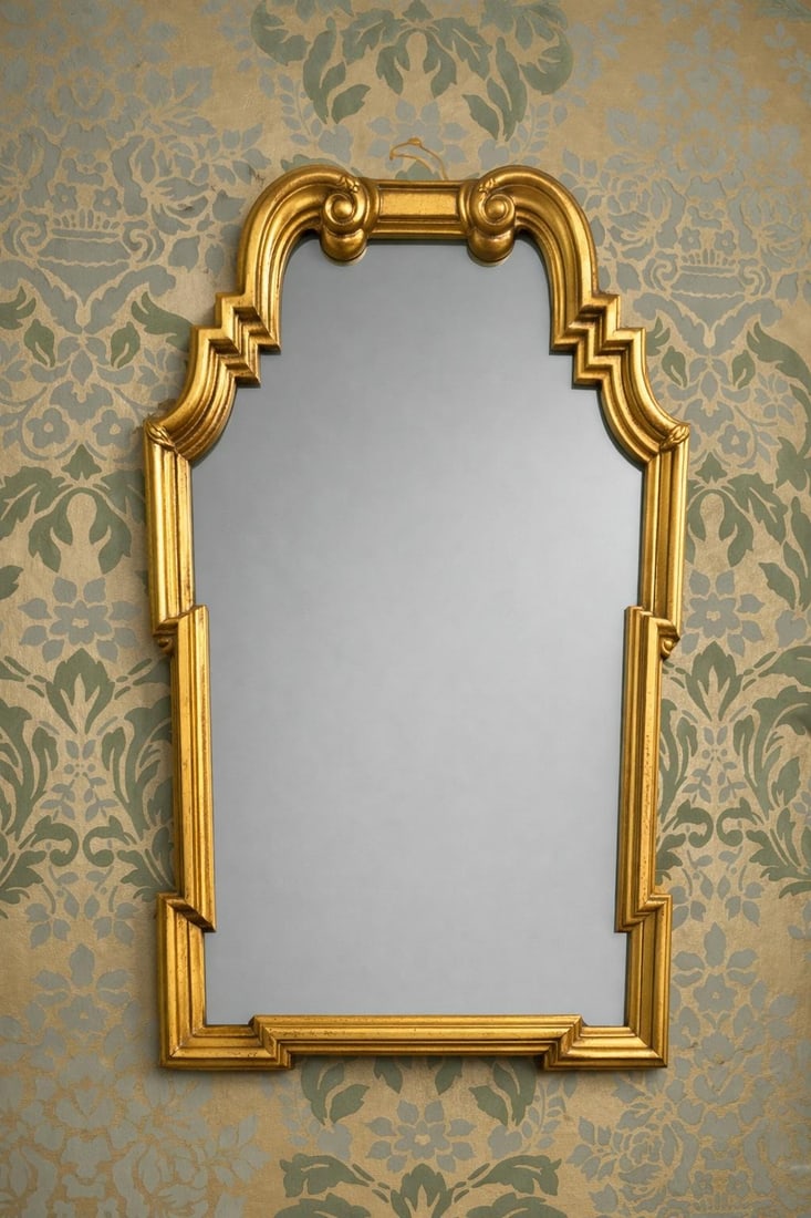 1980s Italian Gold Leaf Arched Mirror in the Manor of LaBarge Stepped Profile Scroll Corners - 2