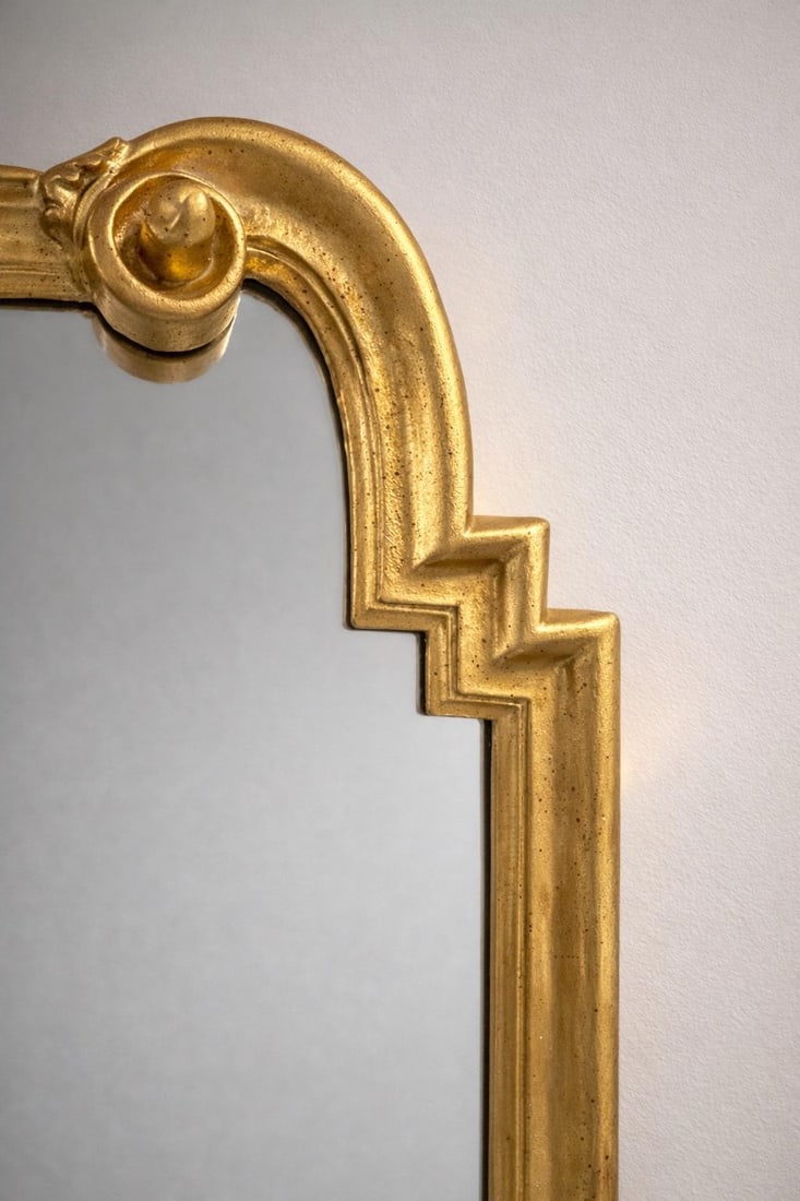 1980s Italian Gold Leaf Arched Mirror in the Manor of LaBarge Stepped Profile Scroll Corners - 4