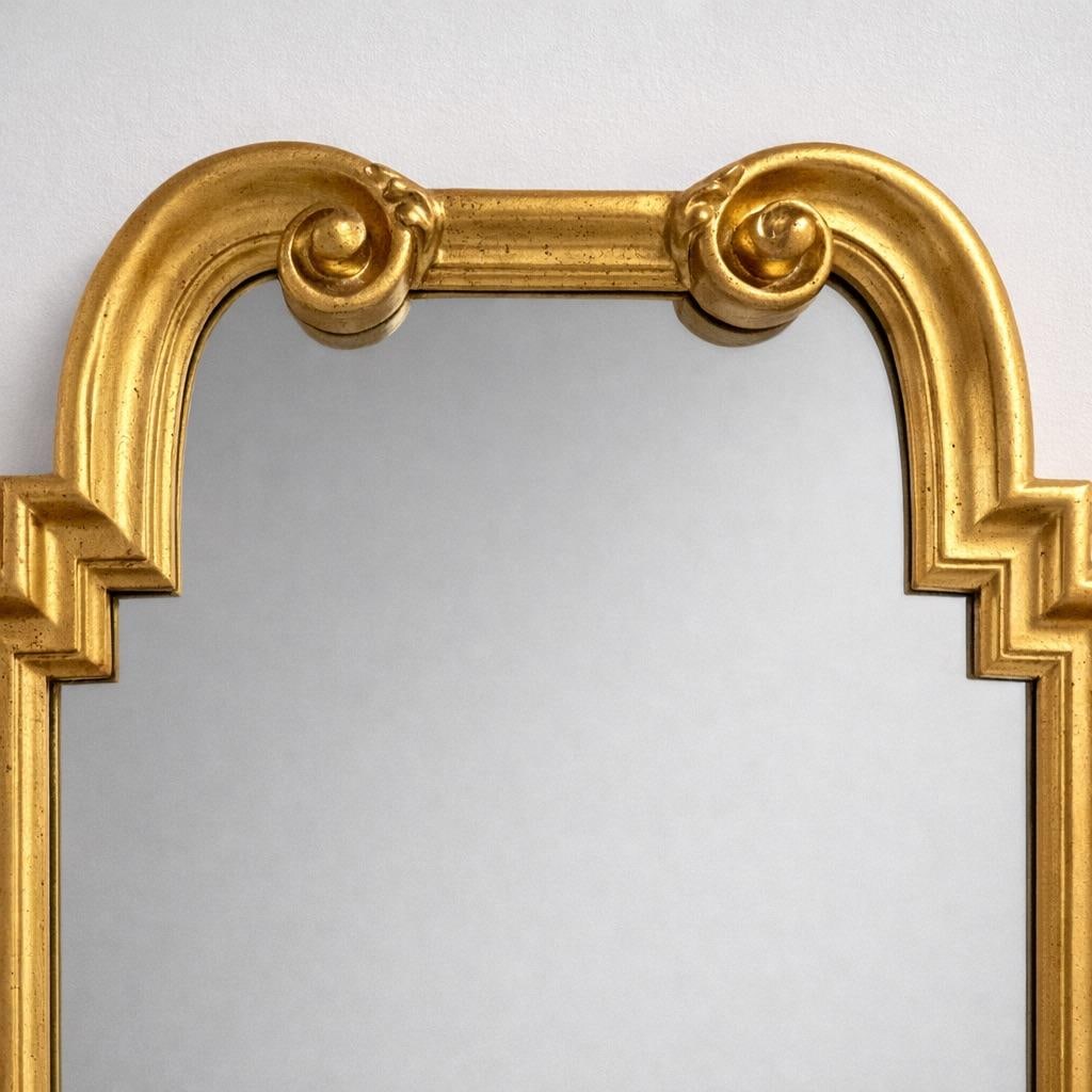 1980s Italian Gold Leaf Arched Mirror in the Manor of LaBarge Stepped Profile Scroll Corners - 5