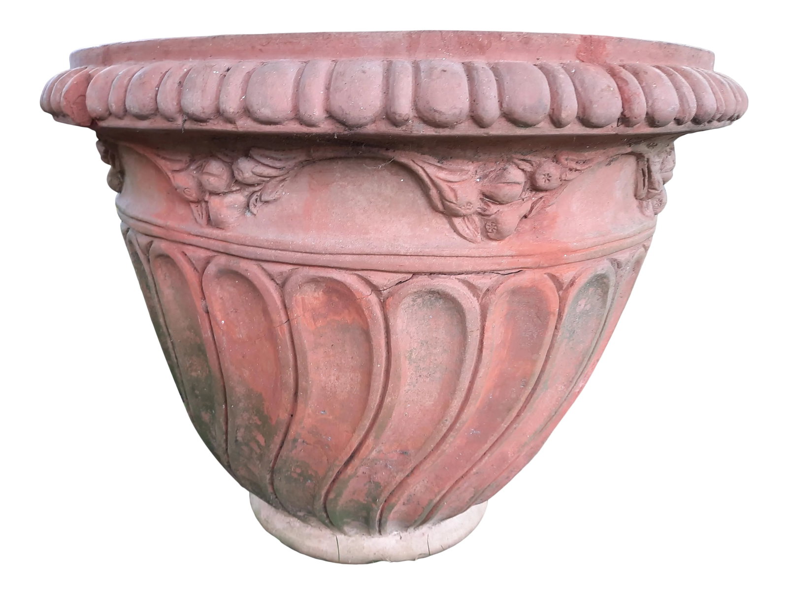 Italian Fig Terra Cotta Pot: Large and very heavy hand-made vintage Italian Terra Cotta Planter. Beautiful detail with traditional Italian Fig in a raised design around the top. See photos for details. Drainage hole in the bottom