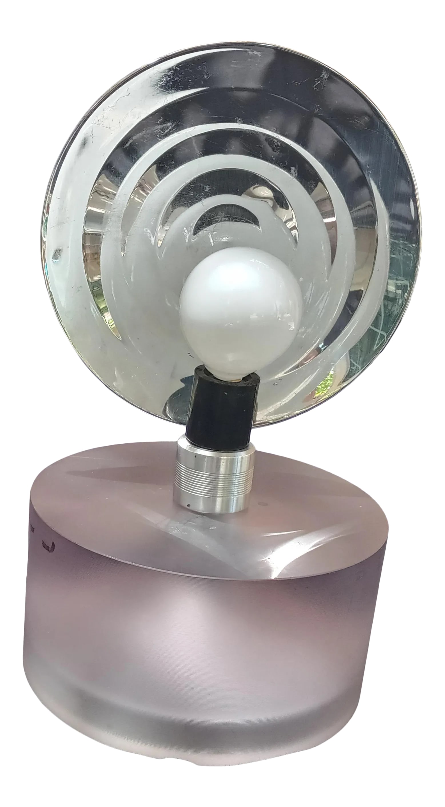 Moving Sale Mid Century Mini Reflector Table / Desk Lamp: This petite reflector takes up a little space but puts out a lot of light made of a solid pinkish hue acrylic base and aluminum fixture and dish its great for direct or accent lighting and is complete