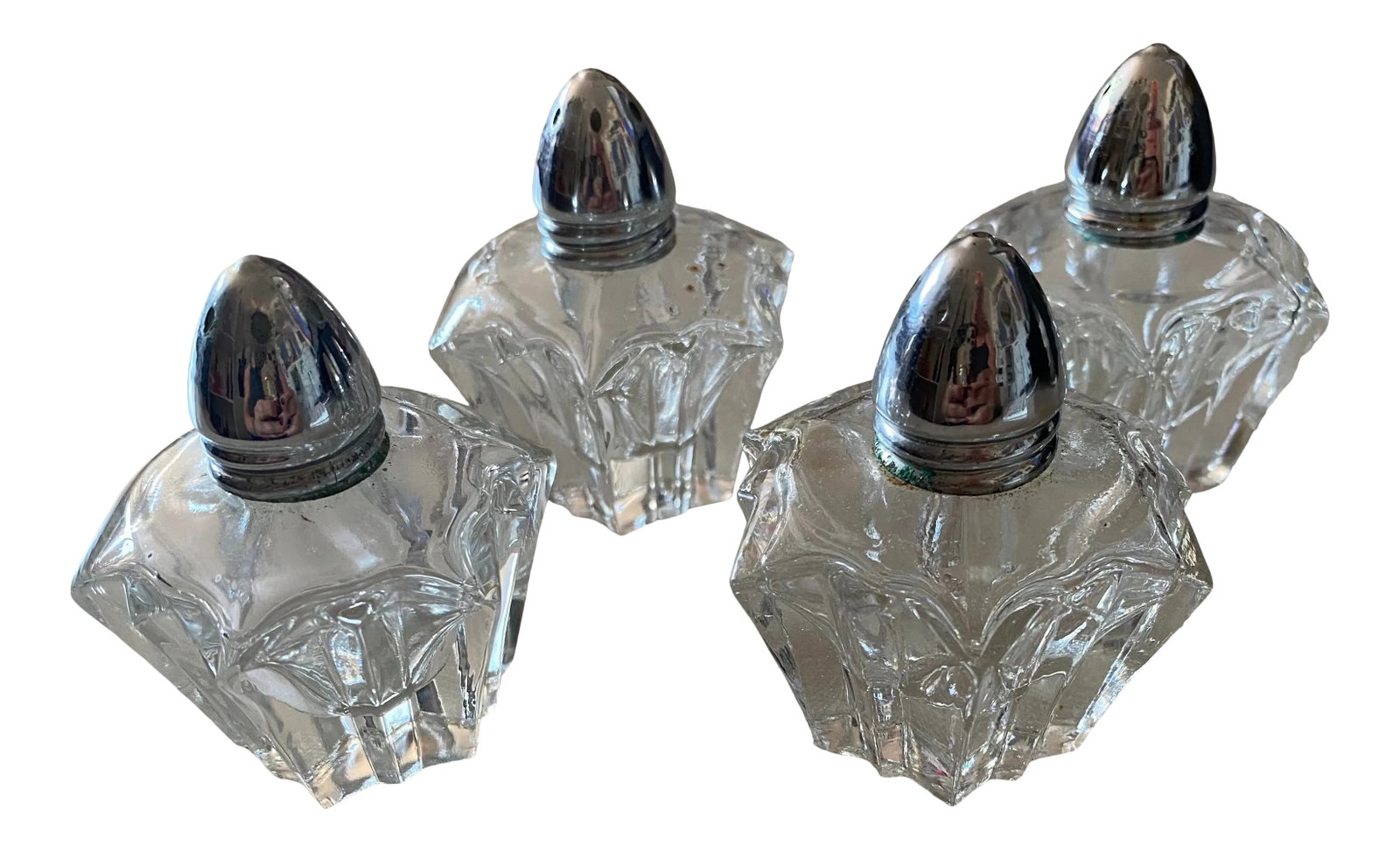 1970s Austrian Salt & Pepper Shakers in Starburst Star Design - Set of 4: Set of 4 Austrian Salt and Pepper Shakers Starburst Star Design Silver plated tops 2 salt & 2 pepper Crystal and in mint condition Made in Austria Condition: Alterations: Original Condition Unaltered 