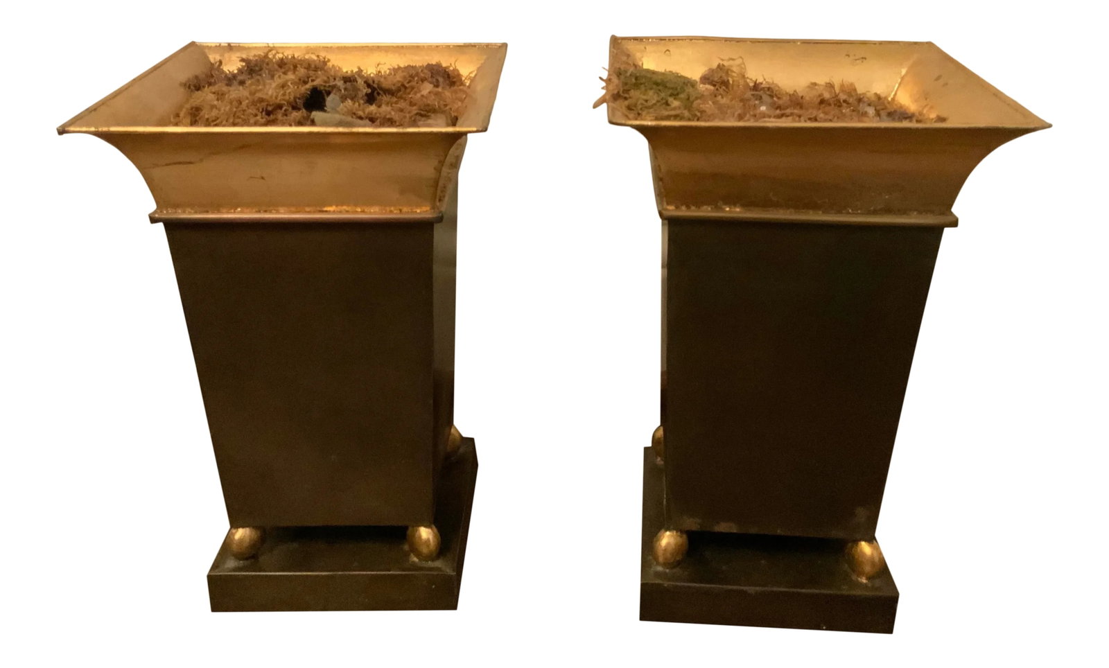 1960s French-Style Chocolate Brown & Gold Planters - a Pair: French Style Chocolate Brown & Gold Planters - a Pair Ready for your finishing touch. A faux floral arrangement or a beautiful orchid. Many uses throughout the year. Condition: Alterations: Original C