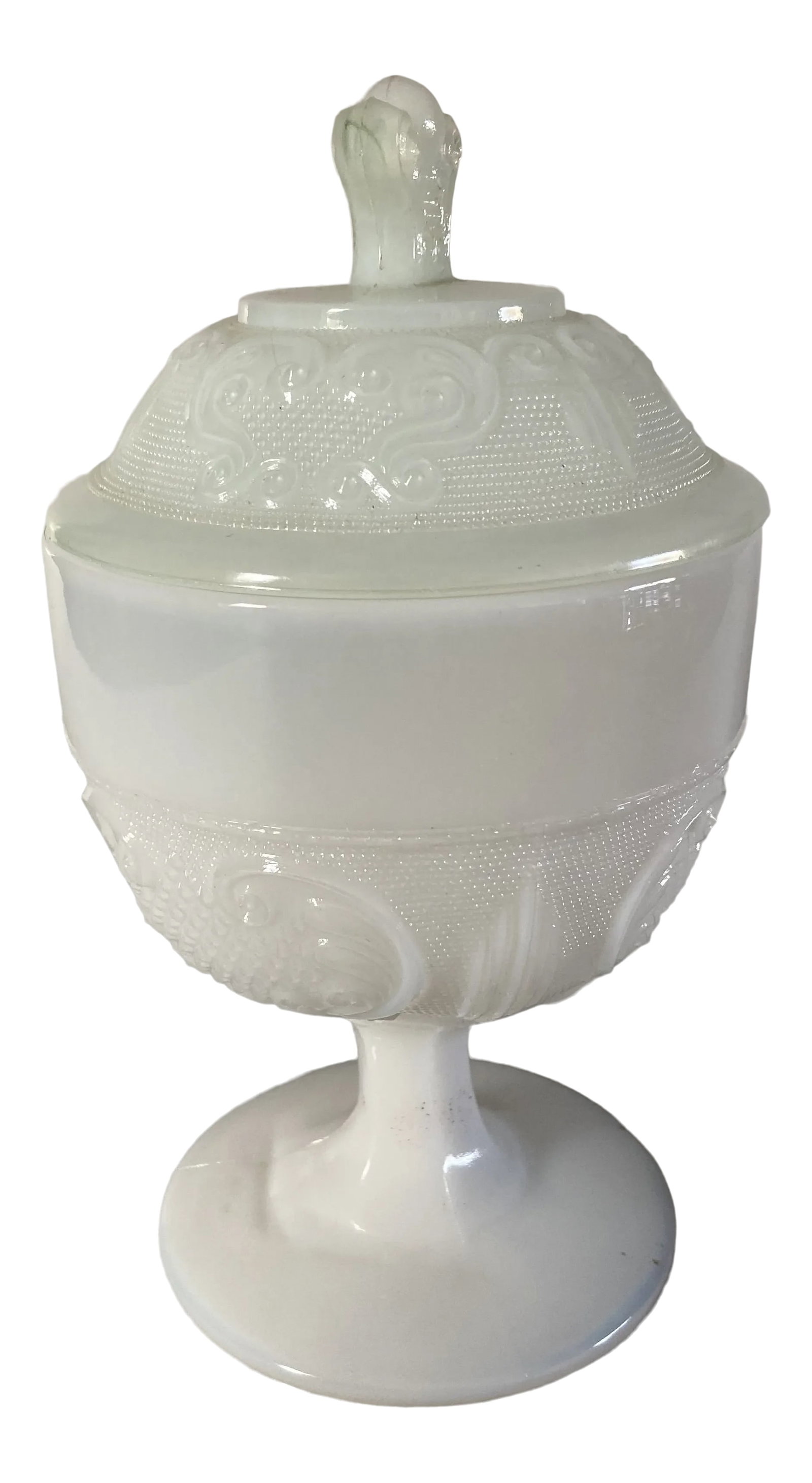 Vintage Opalescent Milk Glass Compote/ Covered Candy Dish: Vintage opalescent milk glass compote, footed covered candy dish 4"D X 8" H , No makers mark in excellent condition. Condition: Alterations: Original Condition Unaltered Imperfections: Some Imperfecti