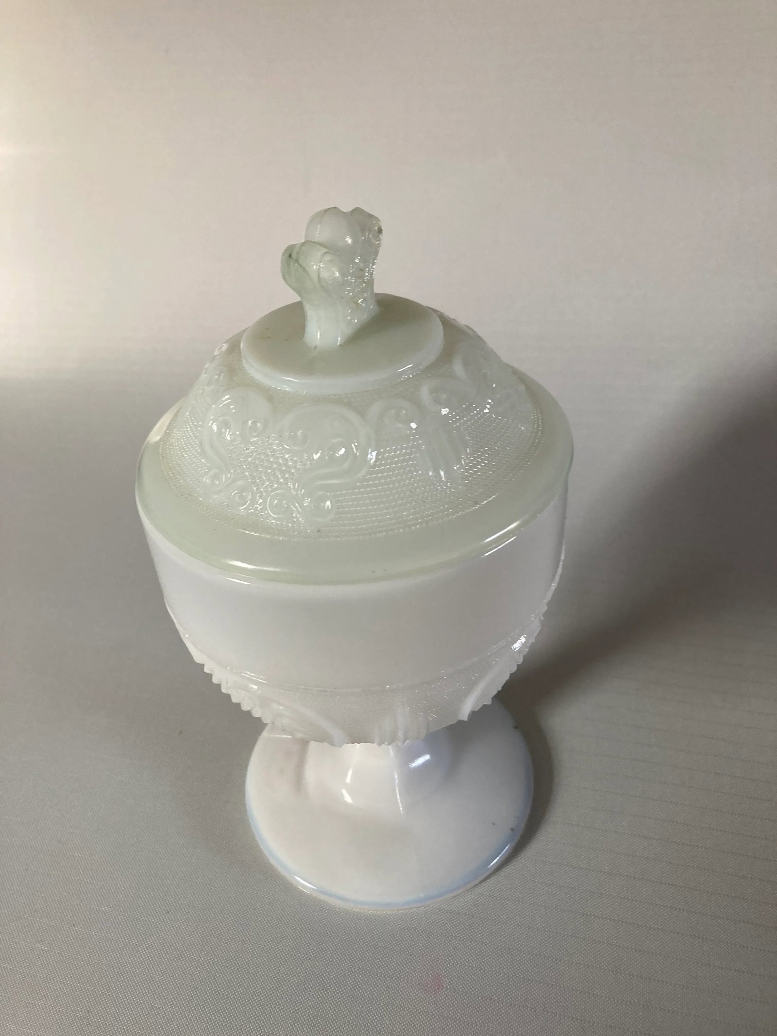 Vintage Opalescent Milk Glass Compote/ Covered Candy Dish - 3