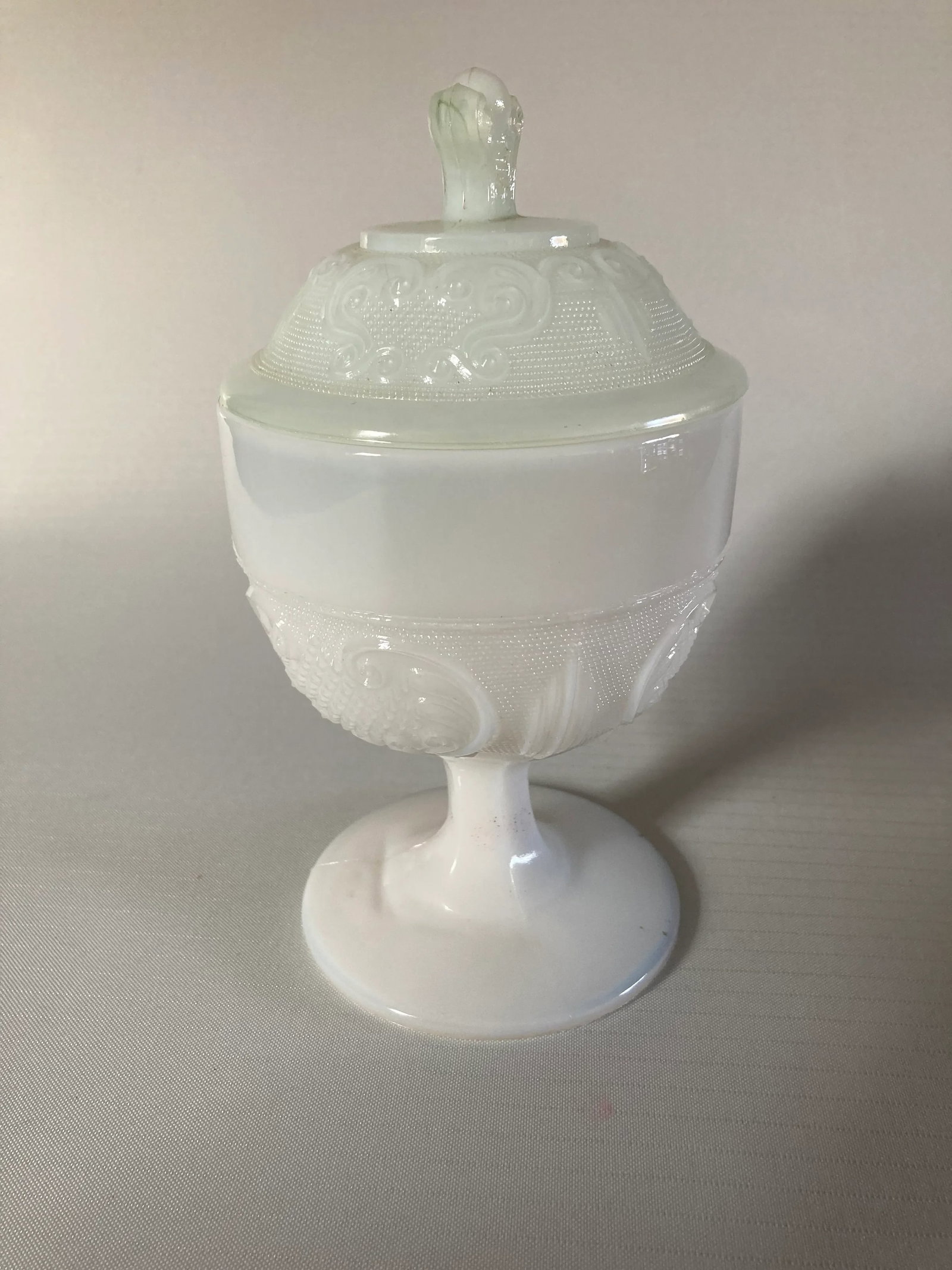 Vintage Opalescent Milk Glass Compote/ Covered Candy Dish - 6