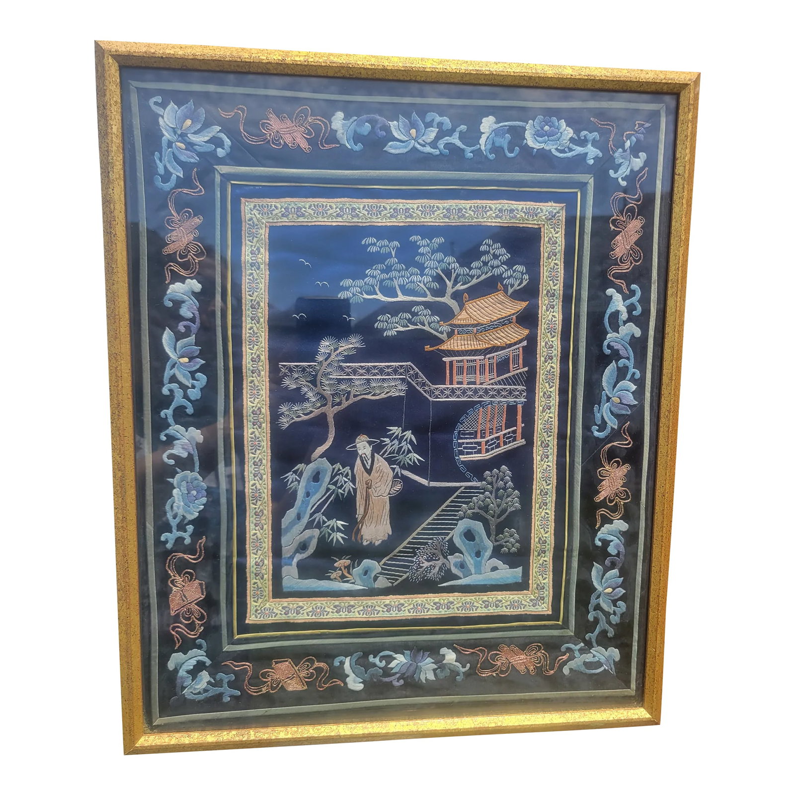 Vintage Asian Framed Embroidery: Beautiful Asian Embroidery Panel, profesionally framed by Larchmont Art Shop LTD in New York City. Condition: Alterations: Original Condition Unaltered Imperfections: Some Imperfections Condition