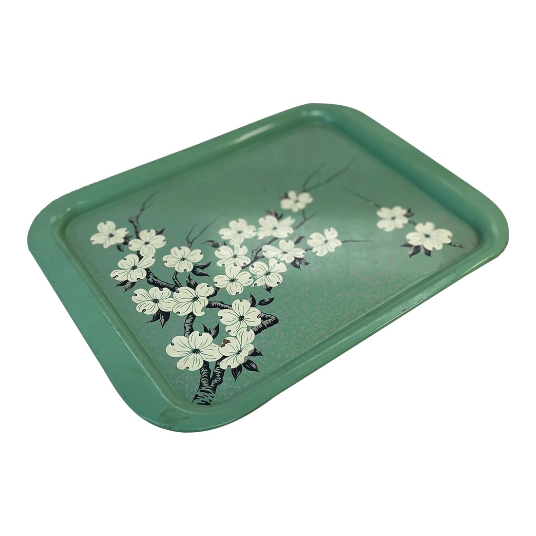 Vintage 1960s Painted Metal Tray With Cherry Blossom Design: Vintage 1960s Painted Metal Tray With Cherry Blossom Design, we purchased the tray over 15 yards ago for a photo shoot. 15 "L x 11" W x 1"D Condition: Alterations: Original Condition Unaltered