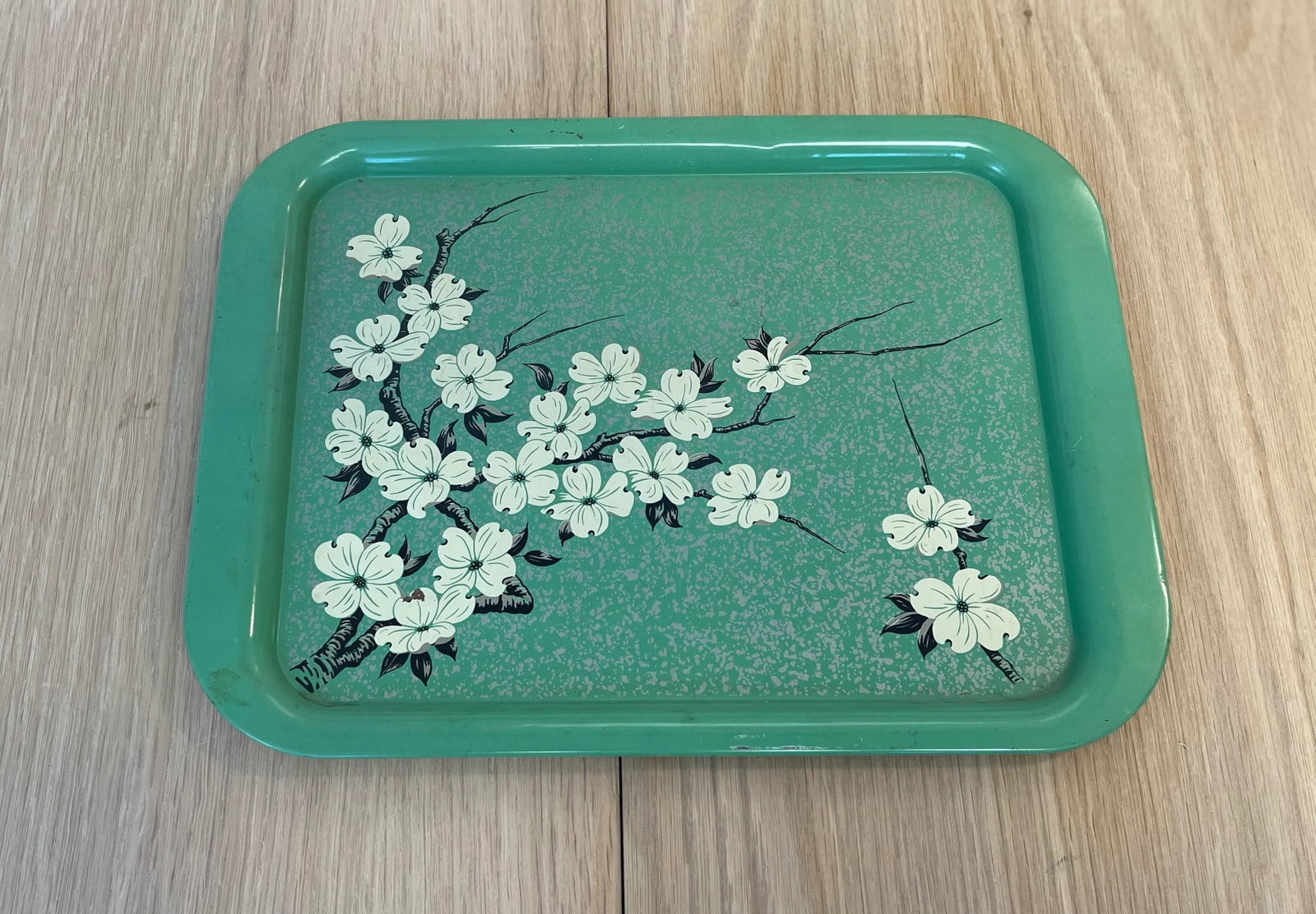 Vintage 1960s Painted Metal Tray With Cherry Blossom Design - 2