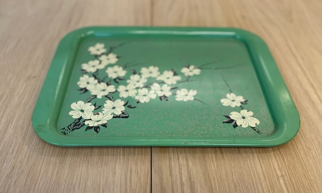 Vintage 1960s Painted Metal Tray With Cherry Blossom Design - 3