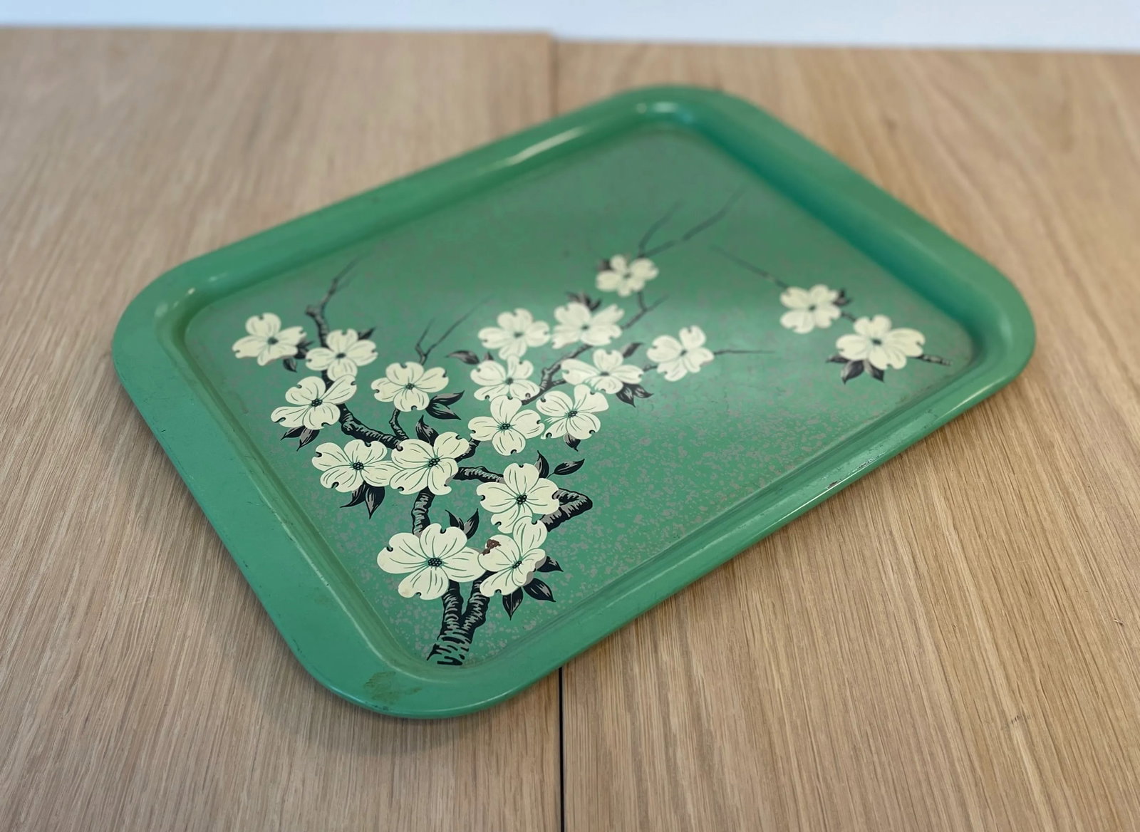 Vintage 1960s Painted Metal Tray With Cherry Blossom Design - 5