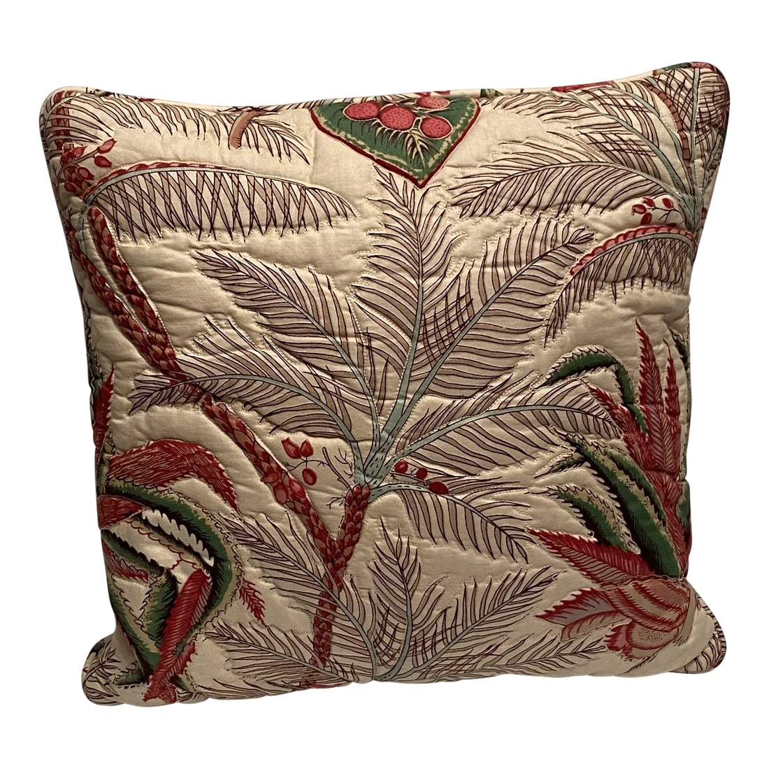 1960s Vintage Clarence House Quilted Pillow: One pomagranite and verdi palm chintz outline quilted square pillow in Clarence House discontinued fabric. Condition: Alterations: Original Condition Unaltered Imperfections: Some Imperfections