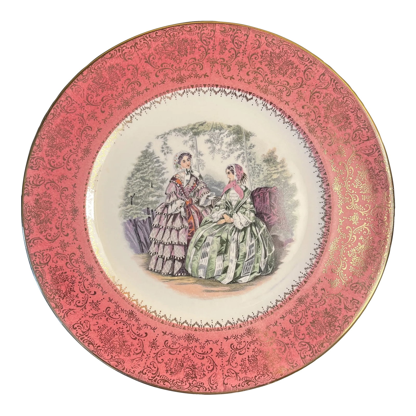 Imperial Salem China Dinner Plate With 23 Karat Gold Accents: Vintage Imperial Salem China dinner plate. 23 karat gold. Pink and gold wideband border. Has a diameter of 10.75". Used, but in very good condition. Condition: Alterations: Original Condition