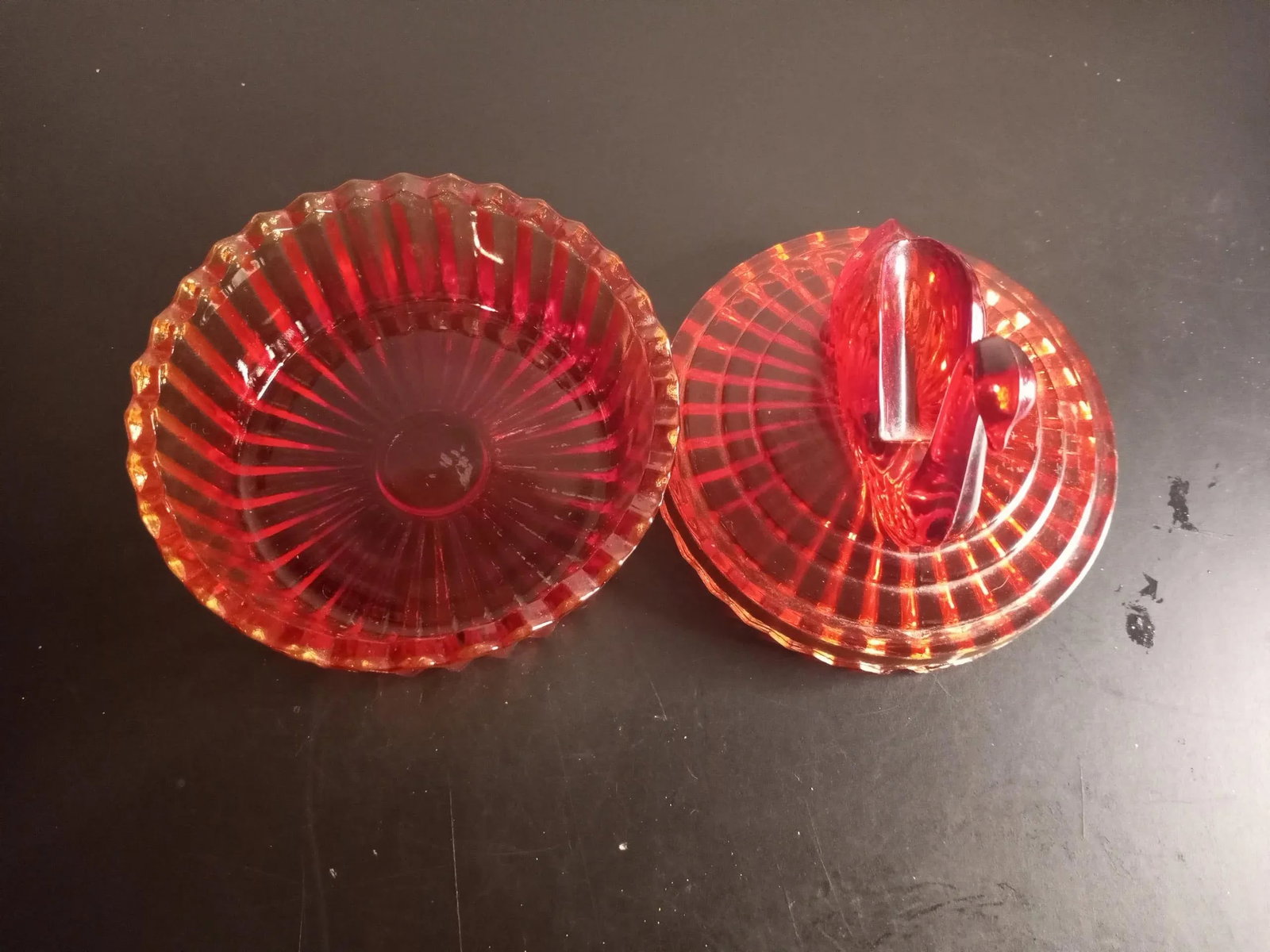 Vintage 1960s Jeannette Amberina Glass Swan Covered Dish - 2