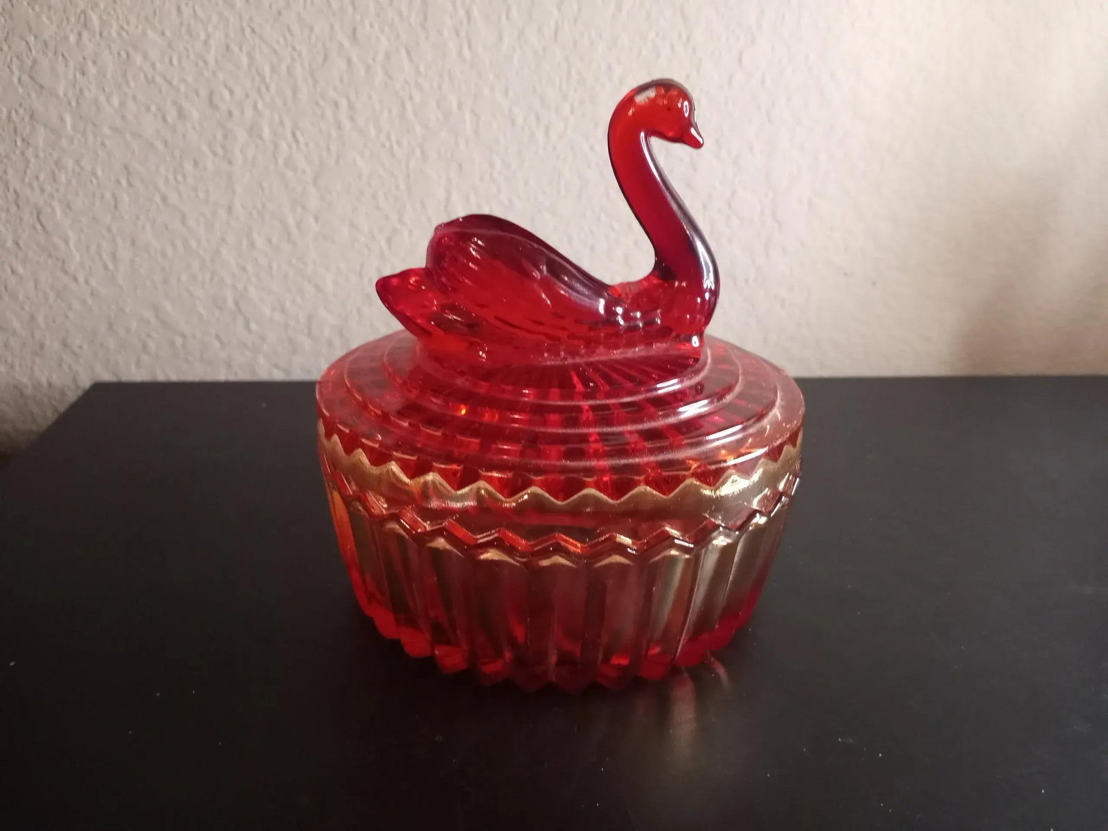 Vintage 1960s Jeannette Amberina Glass Swan Covered Dish - 3
