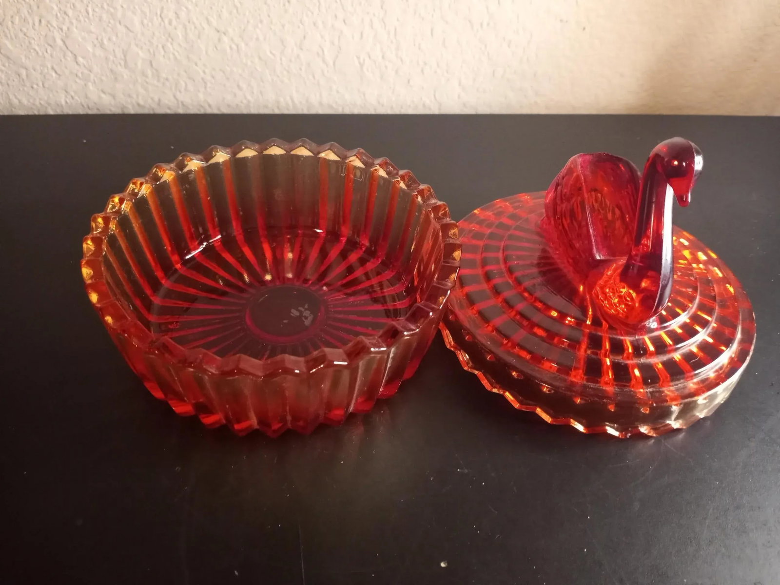 Vintage 1960s Jeannette Amberina Glass Swan Covered Dish - 4