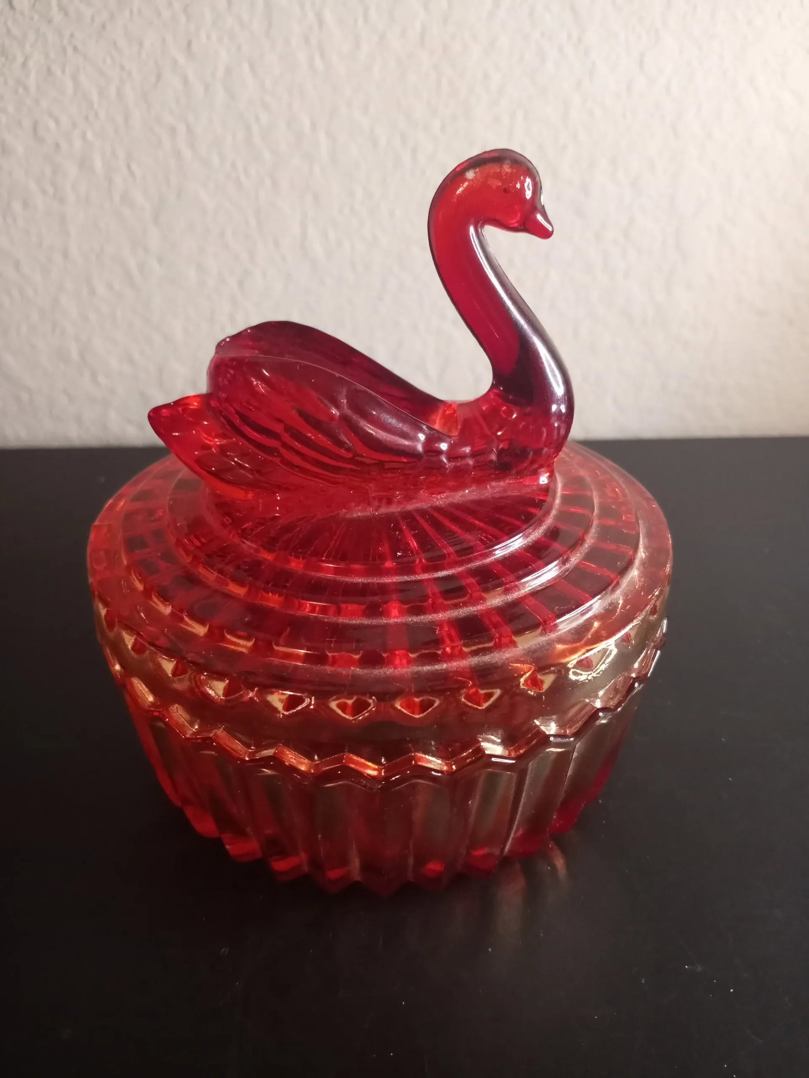 Vintage 1960s Jeannette Amberina Glass Swan Covered Dish - 5